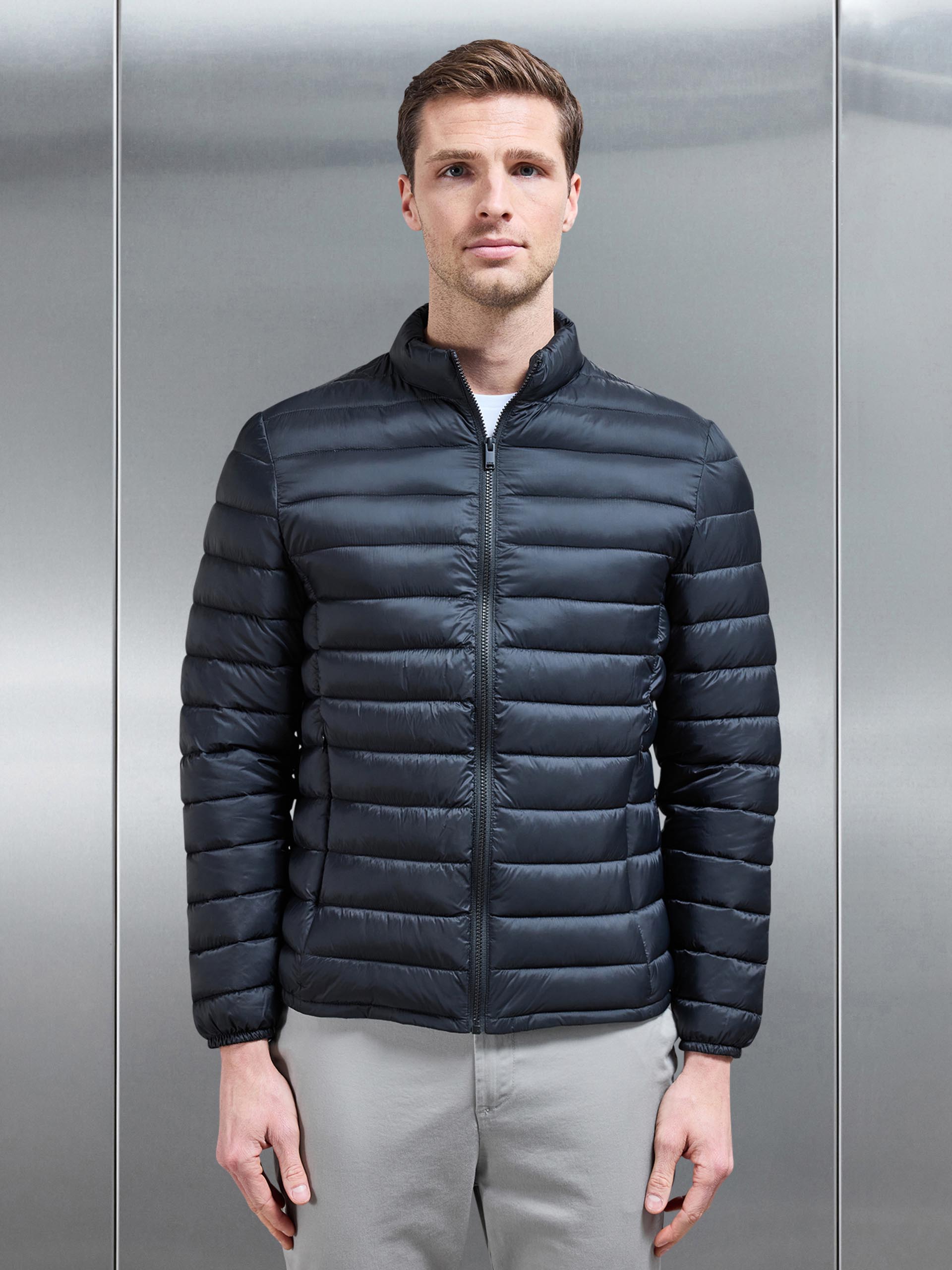 Lightweight Funnel Neck Puffer Jacket in Black