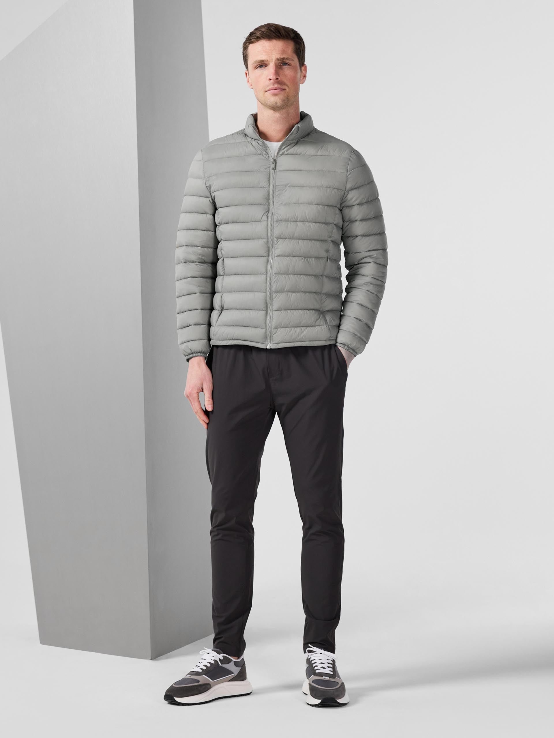 Lightweight Funnel Neck Puffer Jacket in Taupe