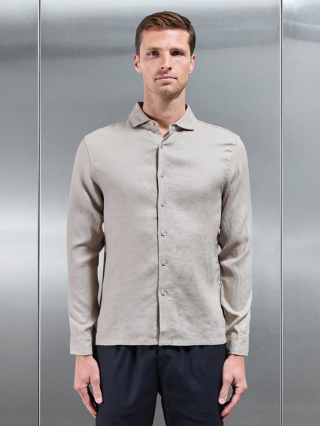 Linen Long Sleeve Cutaway Collar Shirt in Stone