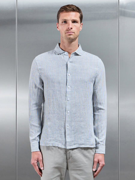 Linen Long Sleeve Stripe Shirt in White Light Blue