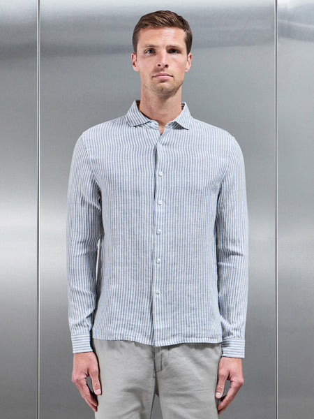 Linen Long Sleeve Stripe Shirt in White Light Blue