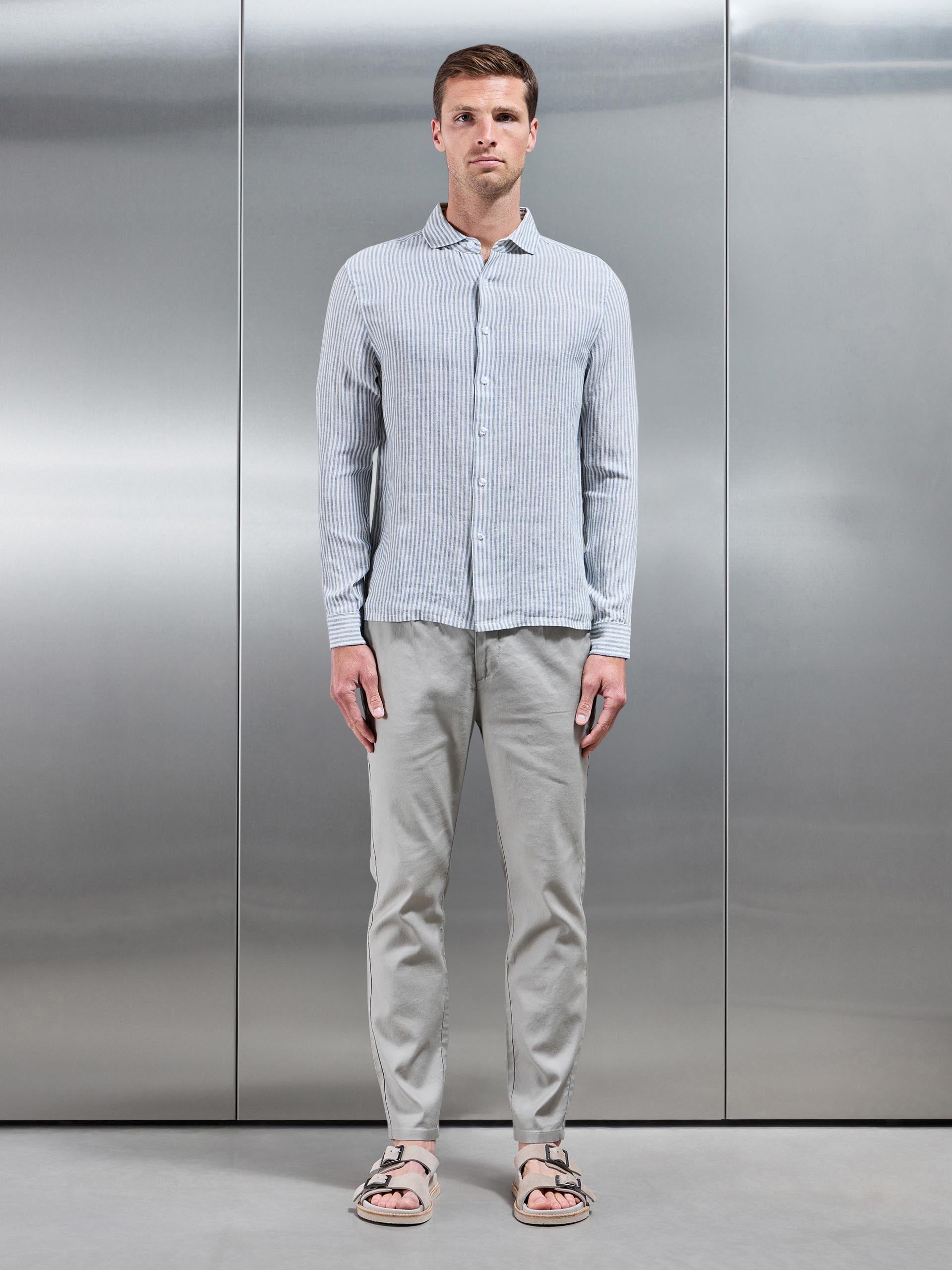 Linen Long Sleeve Stripe Shirt in White Light Blue