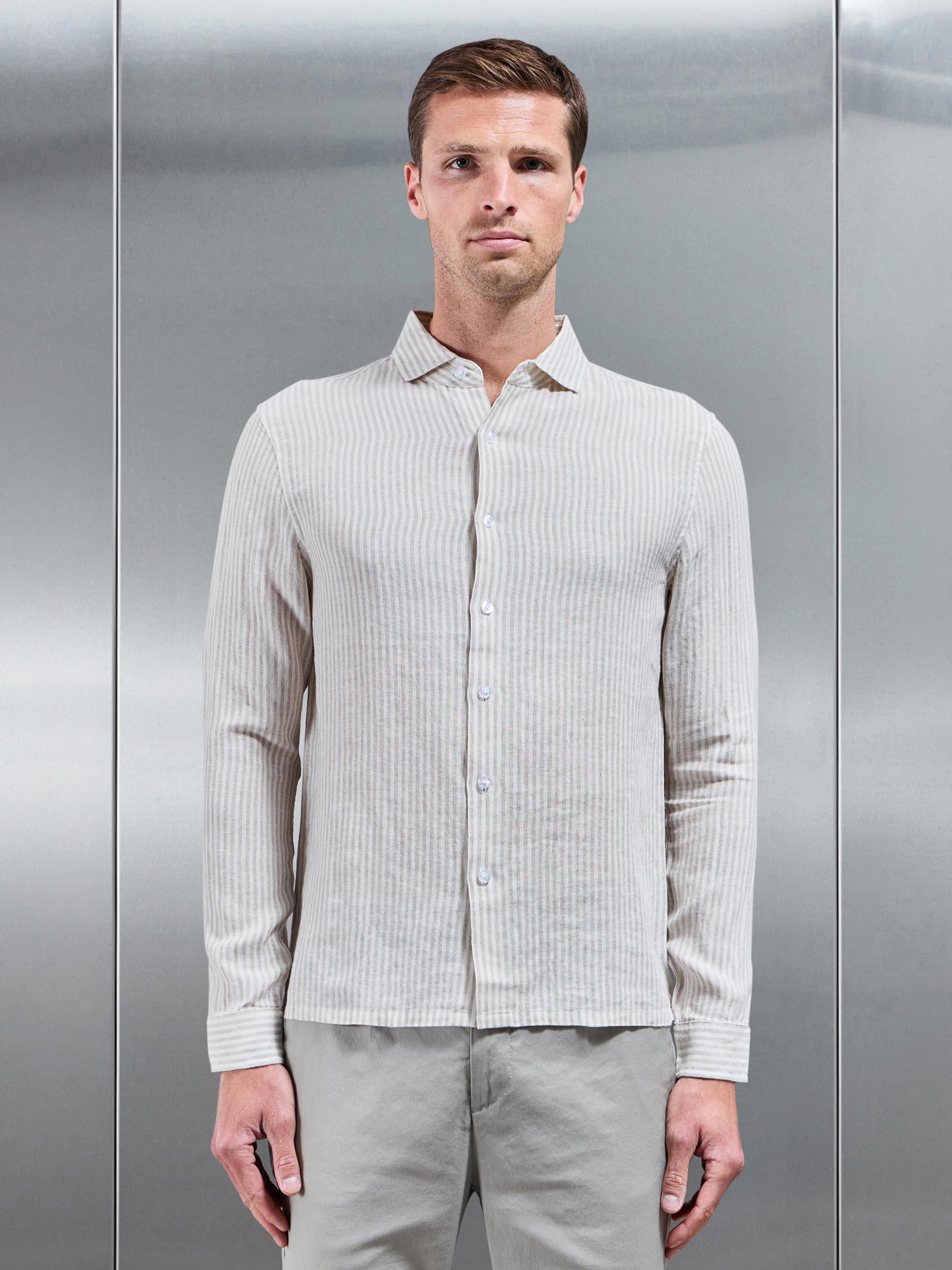 Linen Long Sleeve Stripe Shirt in White Stone