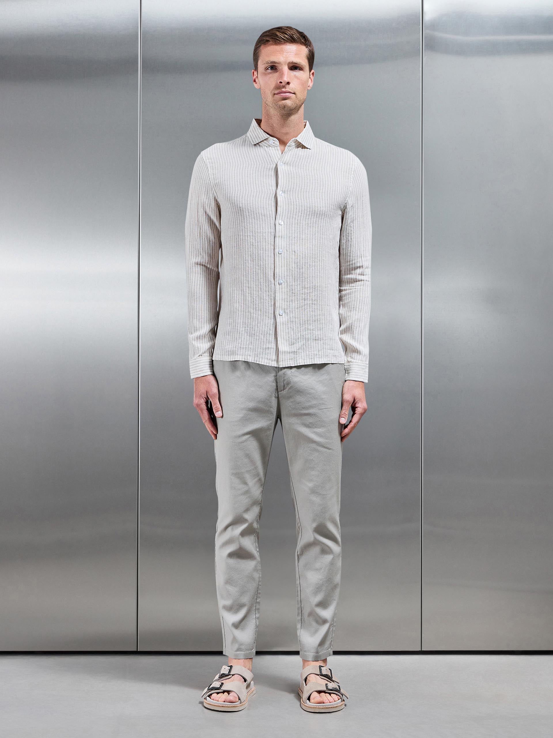 Linen Long Sleeve Stripe Shirt in White Stone