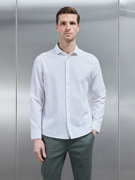 Linen Long Sleeve Cutaway Collar Shirt in White