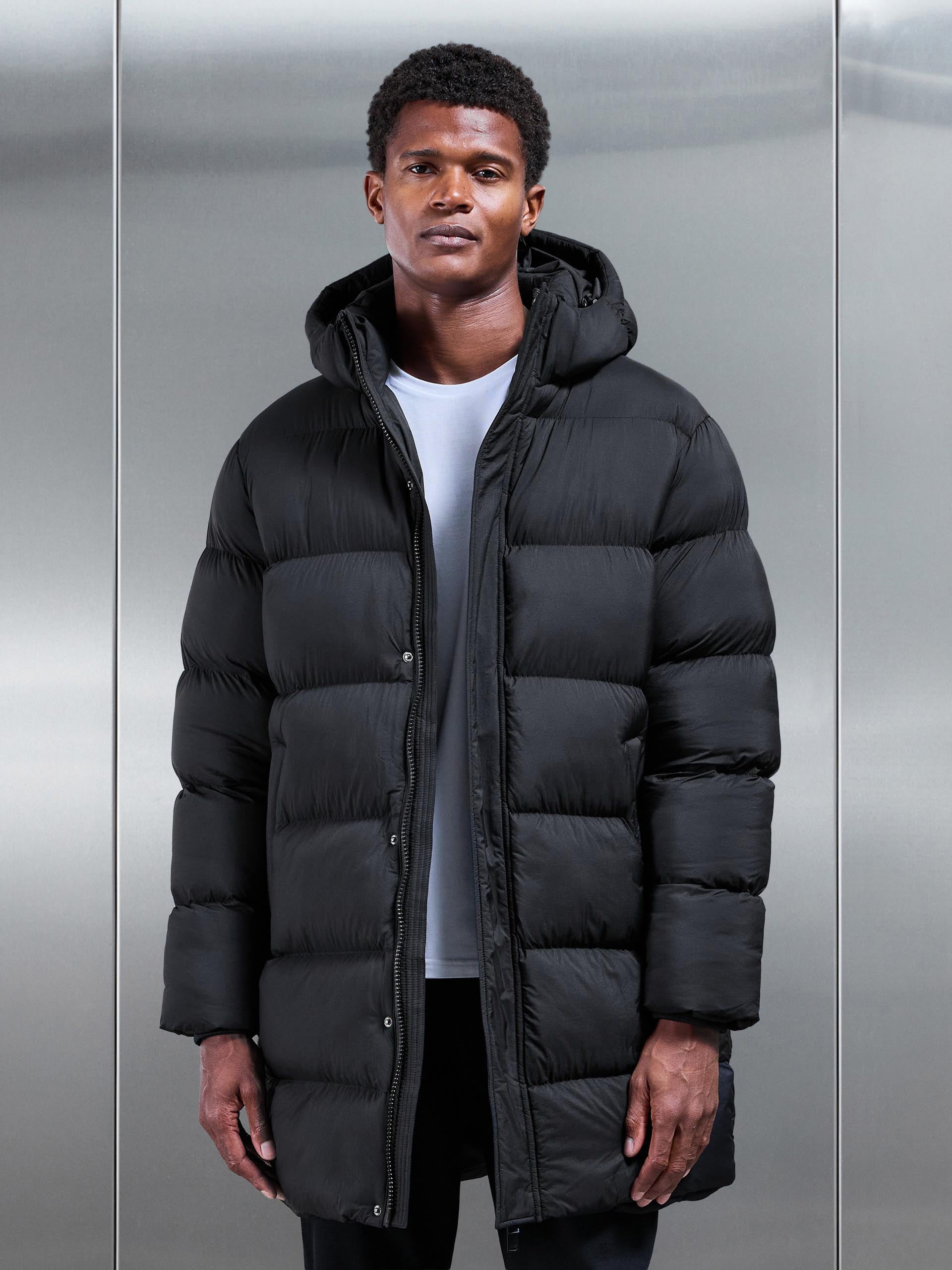 Matte Mid Length Puffer Jacket in Black