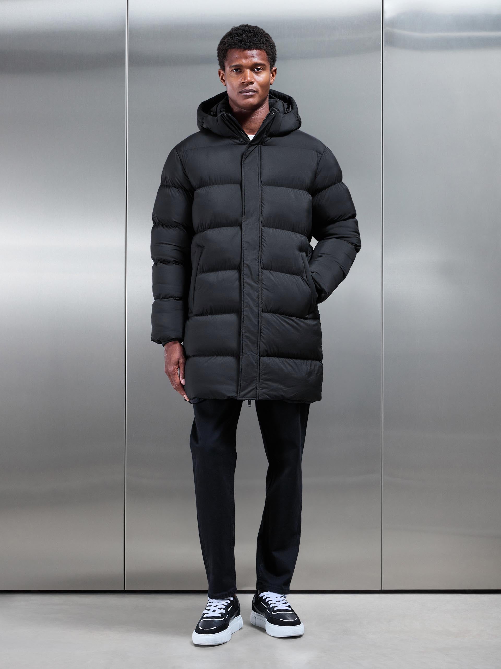 Matte Mid Length Puffer Jacket in Black