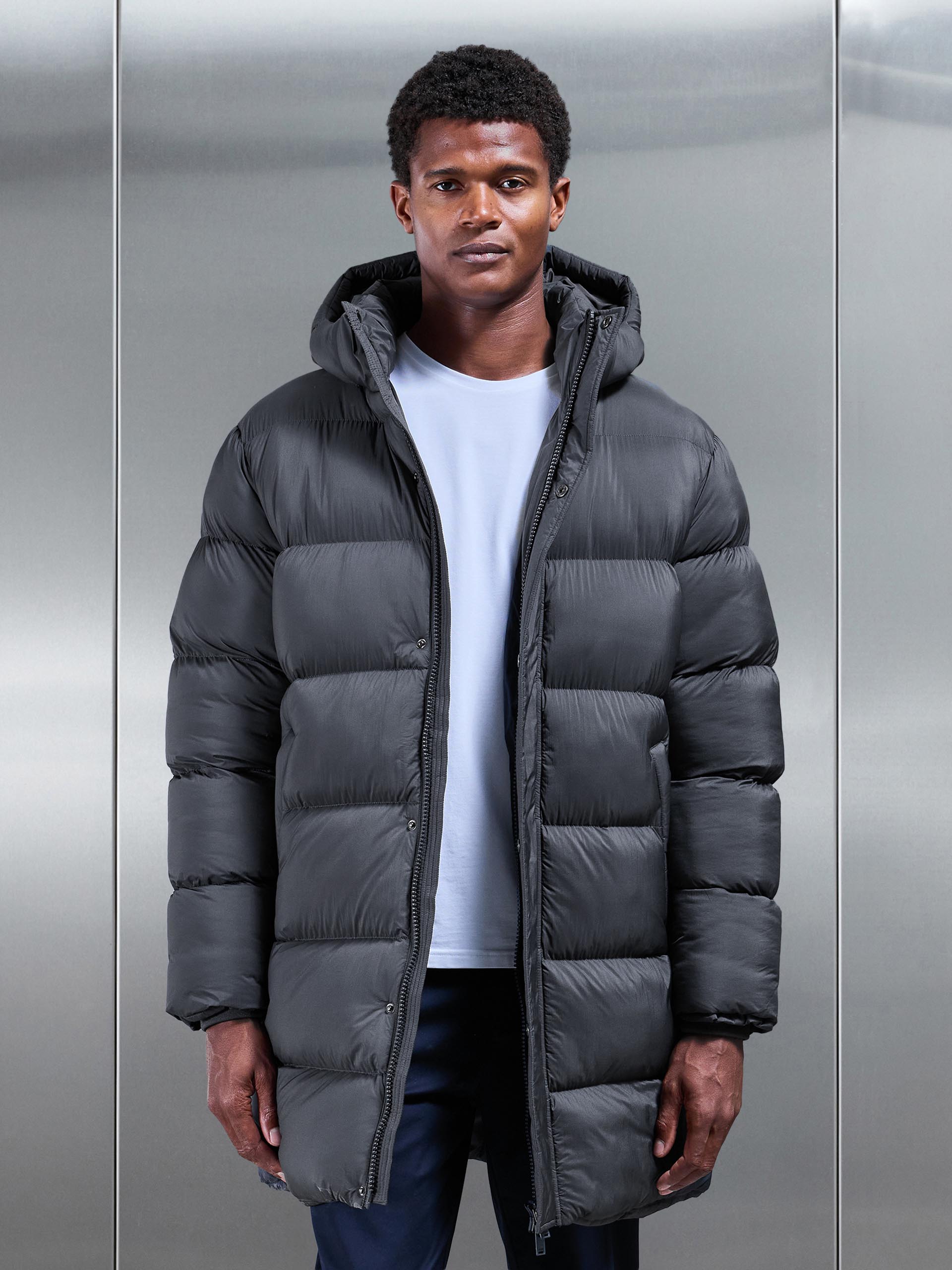 Matte Mid Length Puffer Jacket in Grey