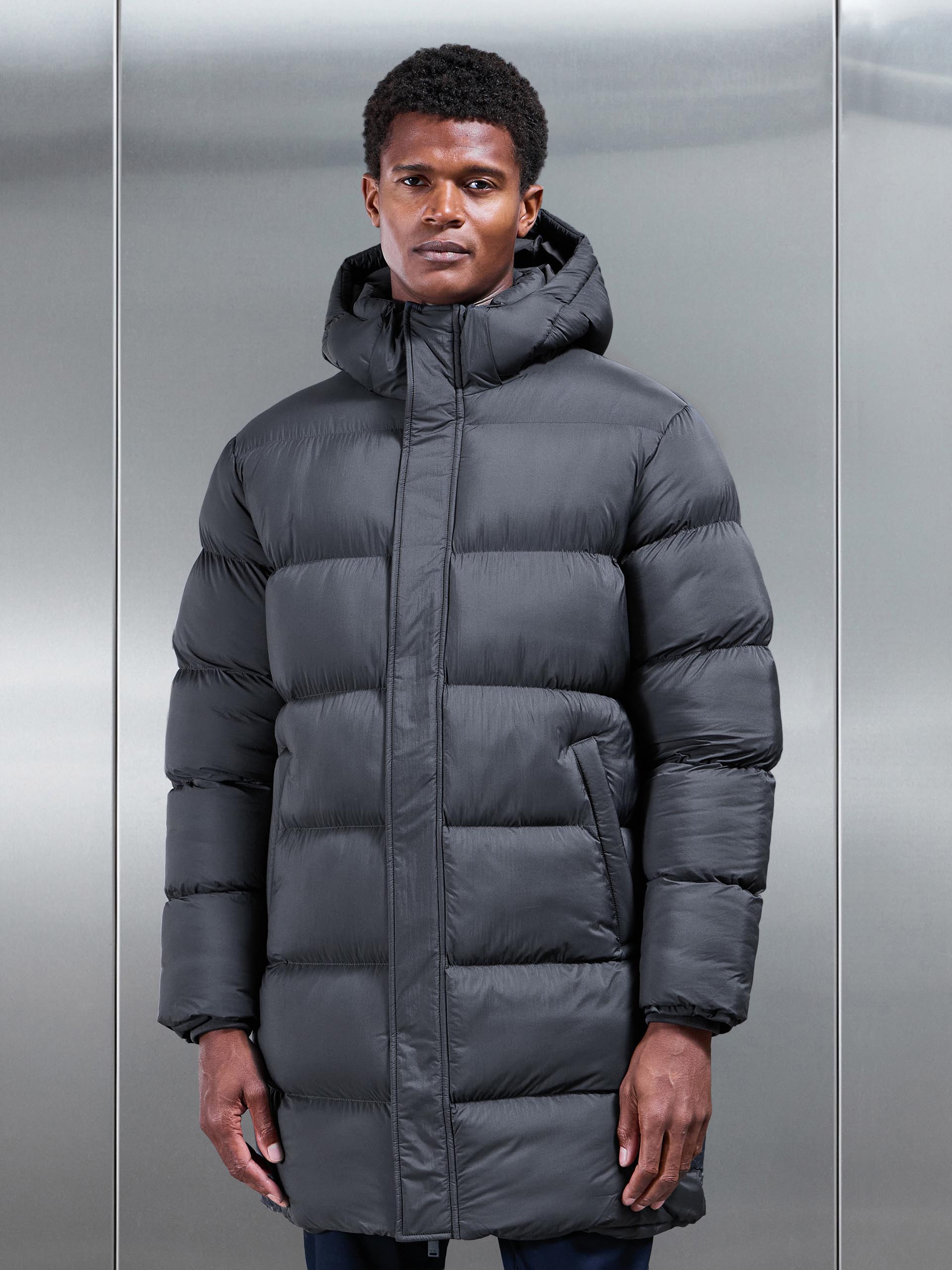 Matte Mid Length Puffer Jacket in Grey