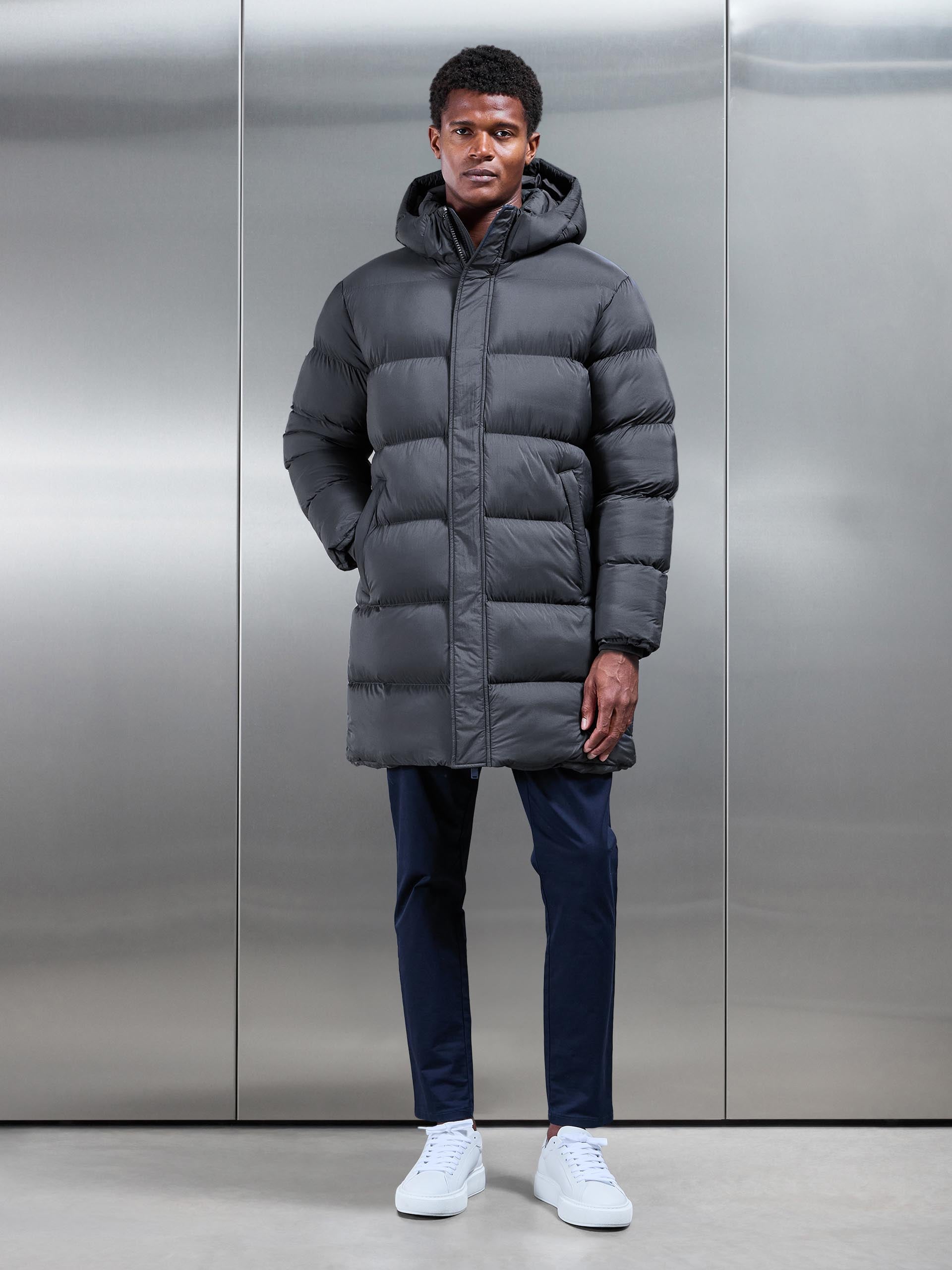 Matte Mid Length Puffer Jacket in Grey