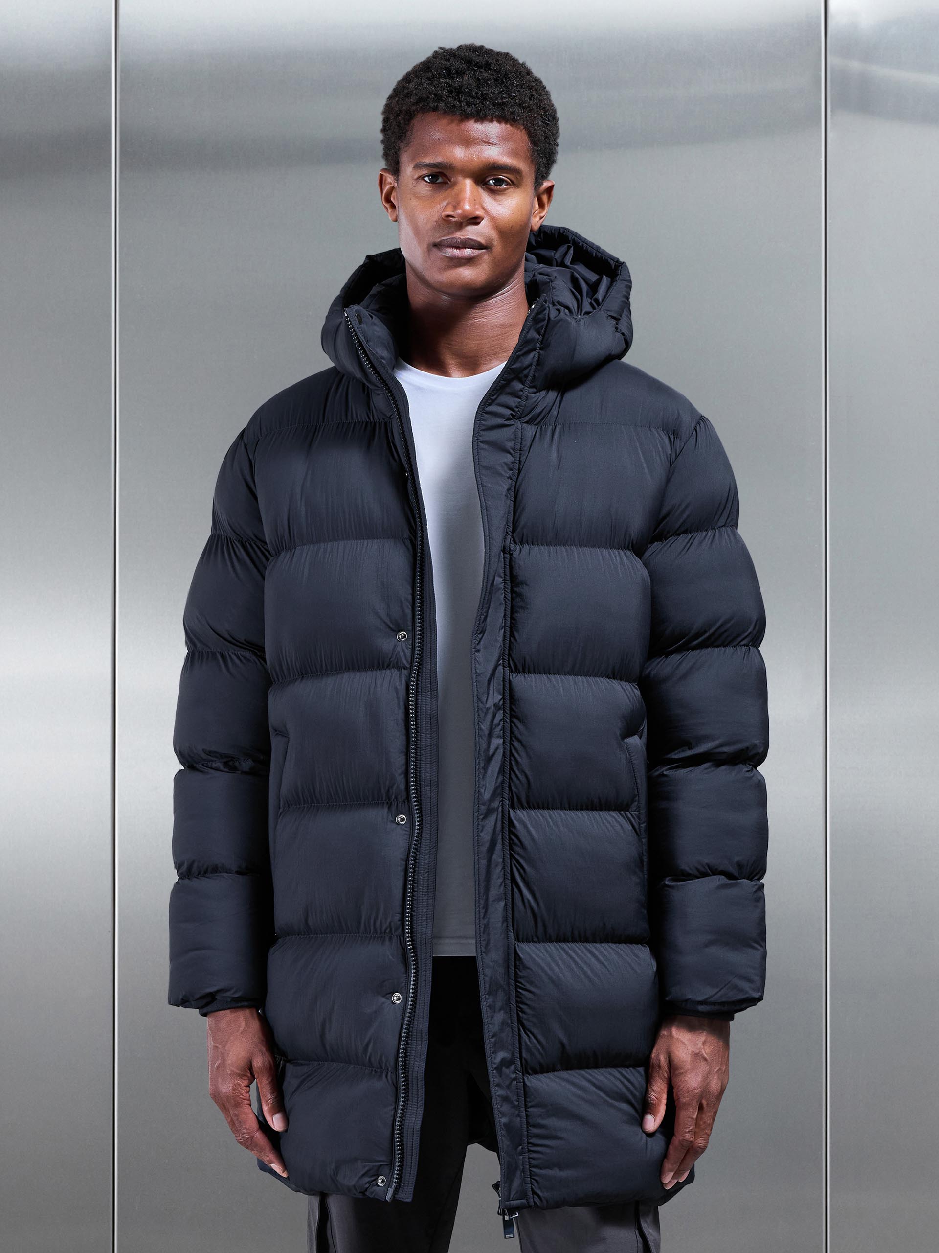 Matte Mid Length Puffer Jacket in Navy