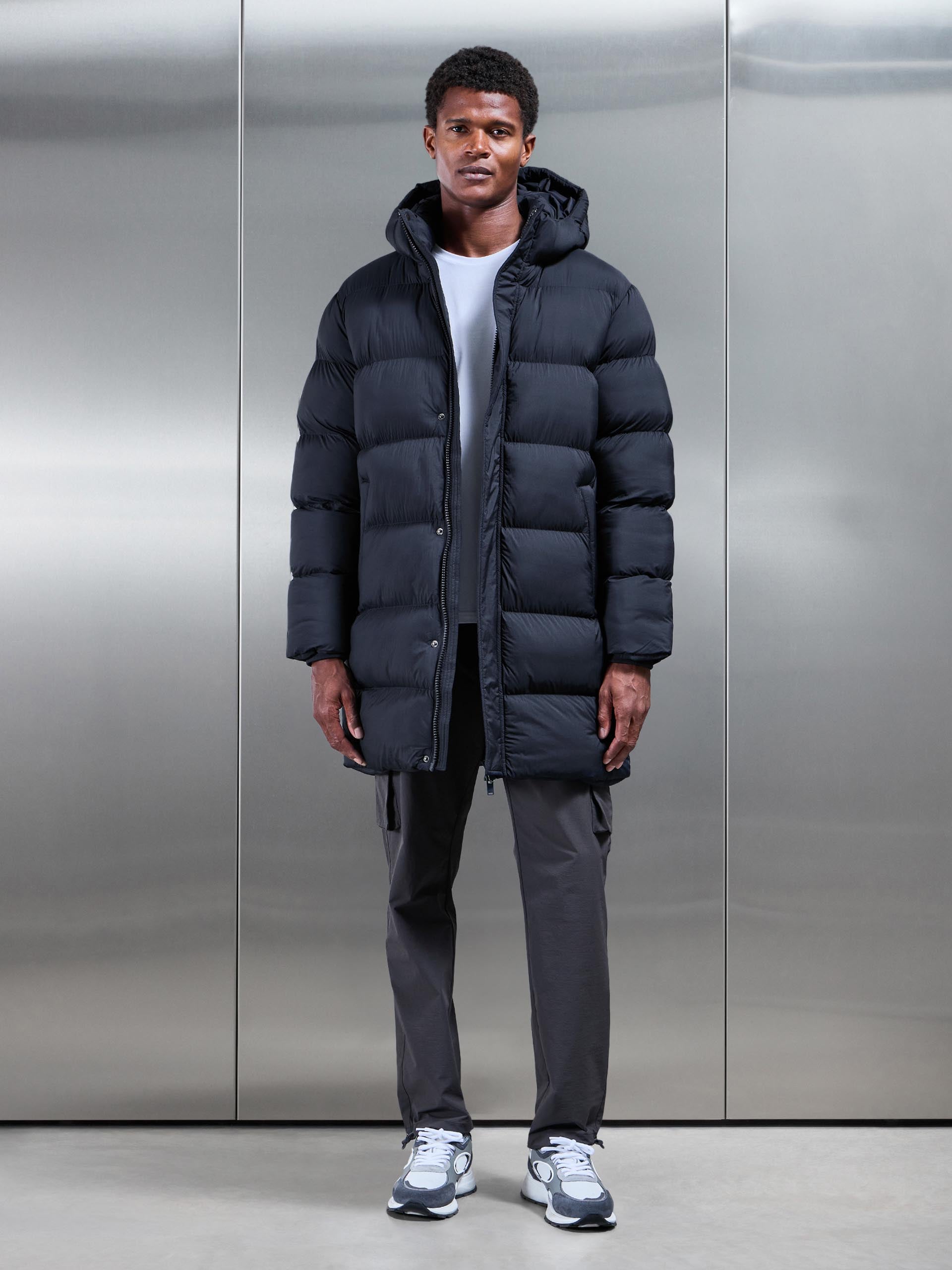 Matte Mid Length Puffer Jacket in Navy