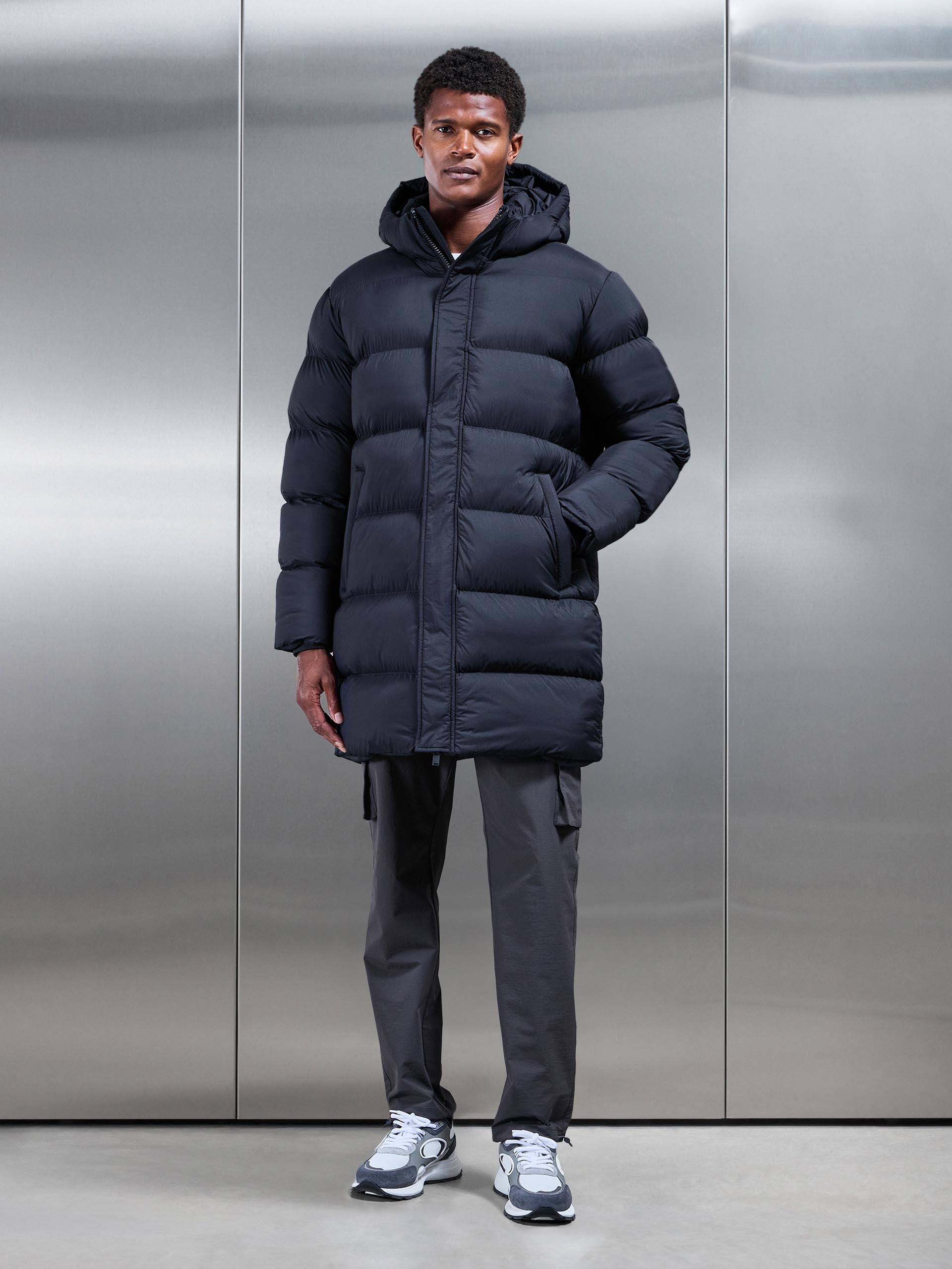 Matte Mid Length Puffer Jacket in Navy