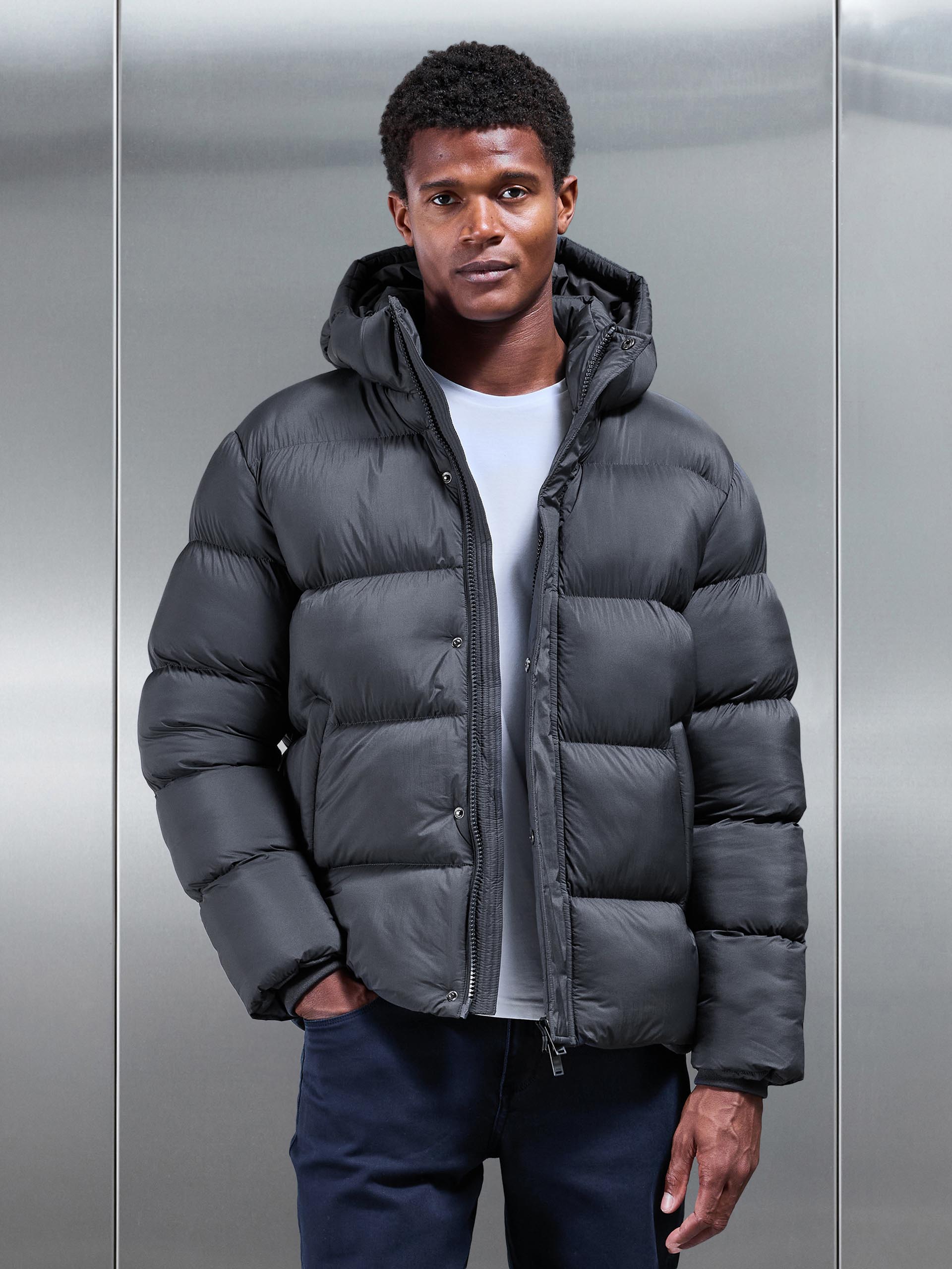 Matte Short Puffer Jacket in Grey