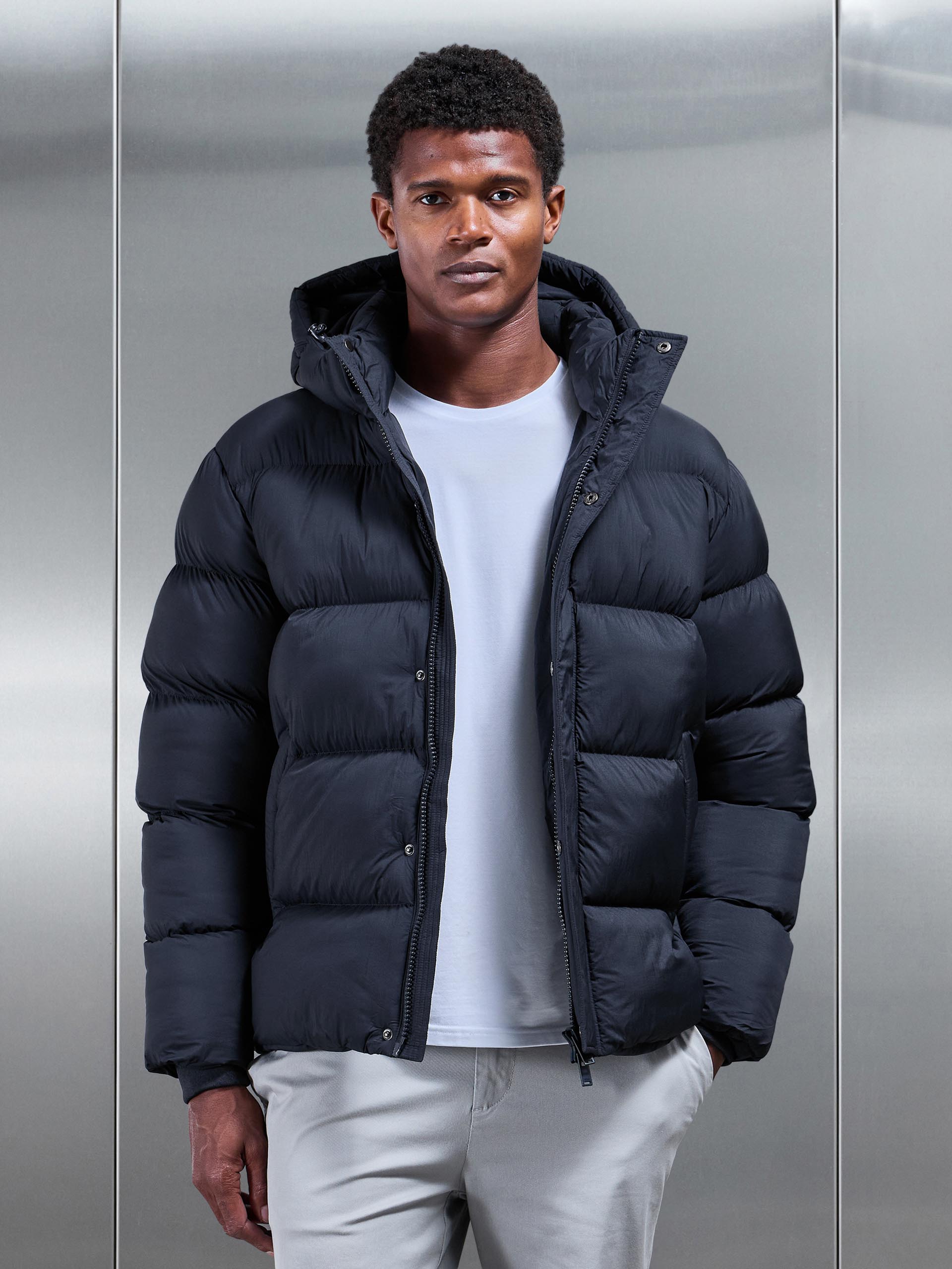 Matte Short Puffer Jacket in Navy