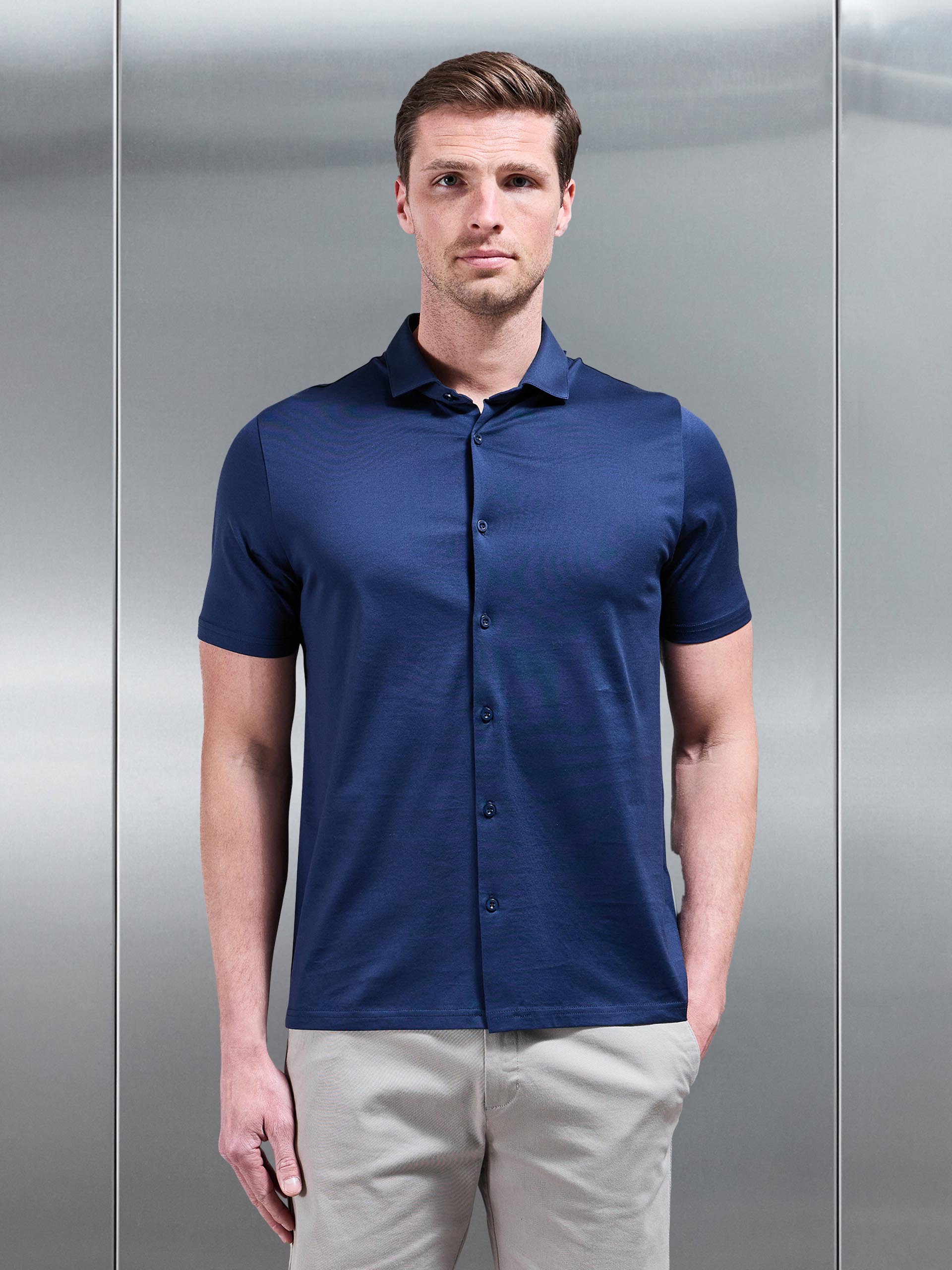 Mercerised Cotton Short Sleeve Shirt in Navy