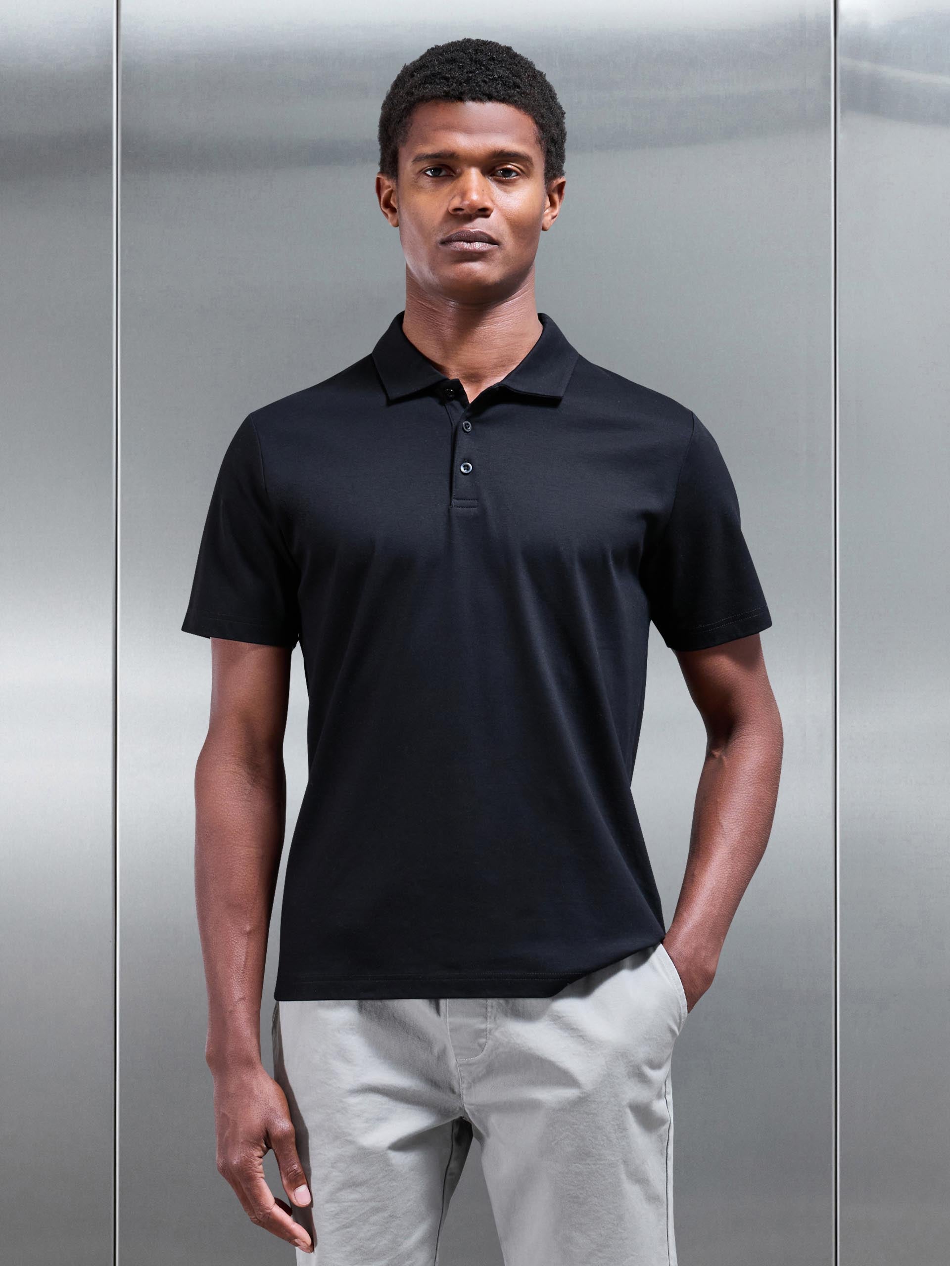Mercerised Interlock Button Polo Shirt in Black