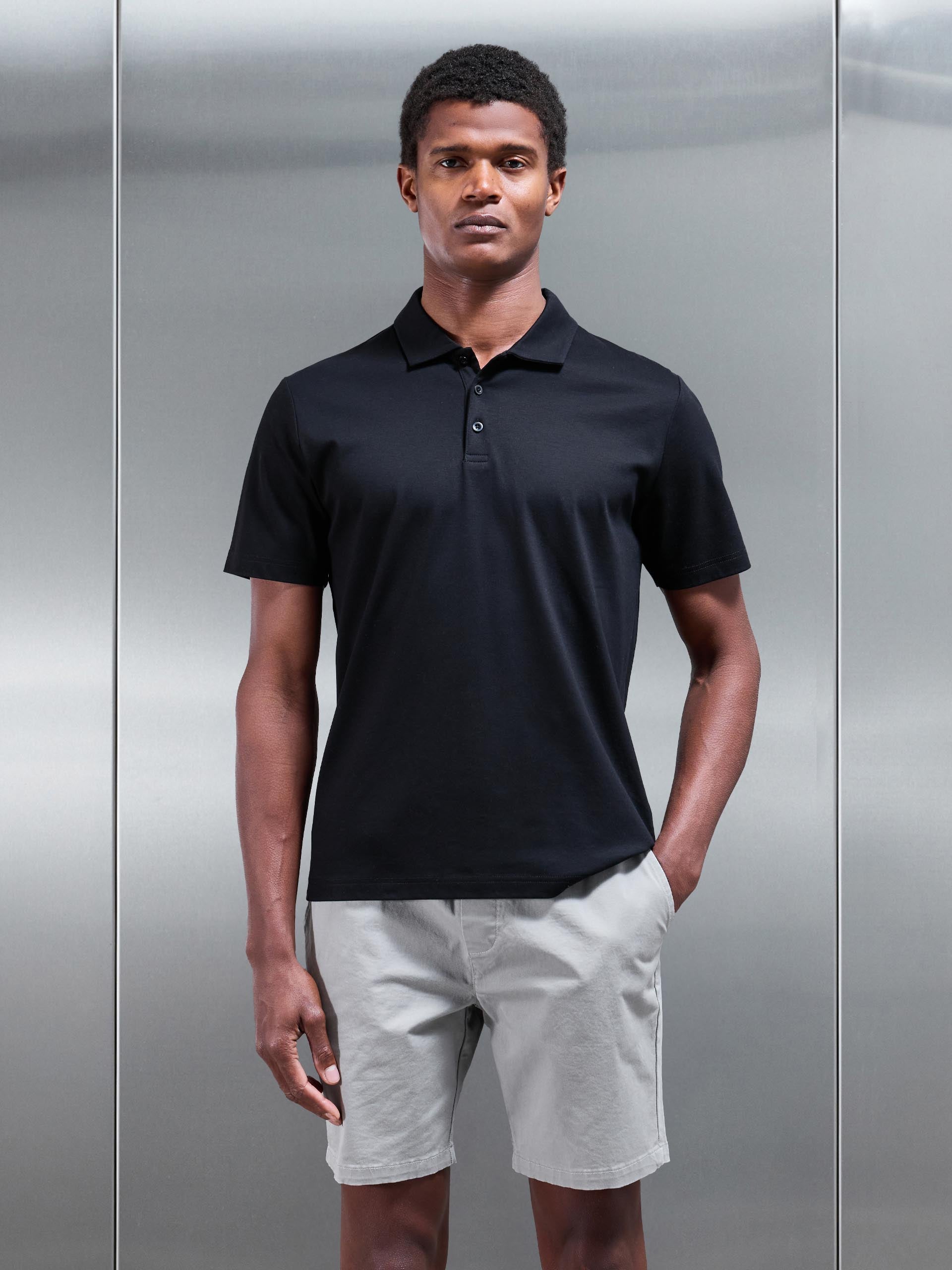 Mercerised Interlock Button Polo Shirt in Black