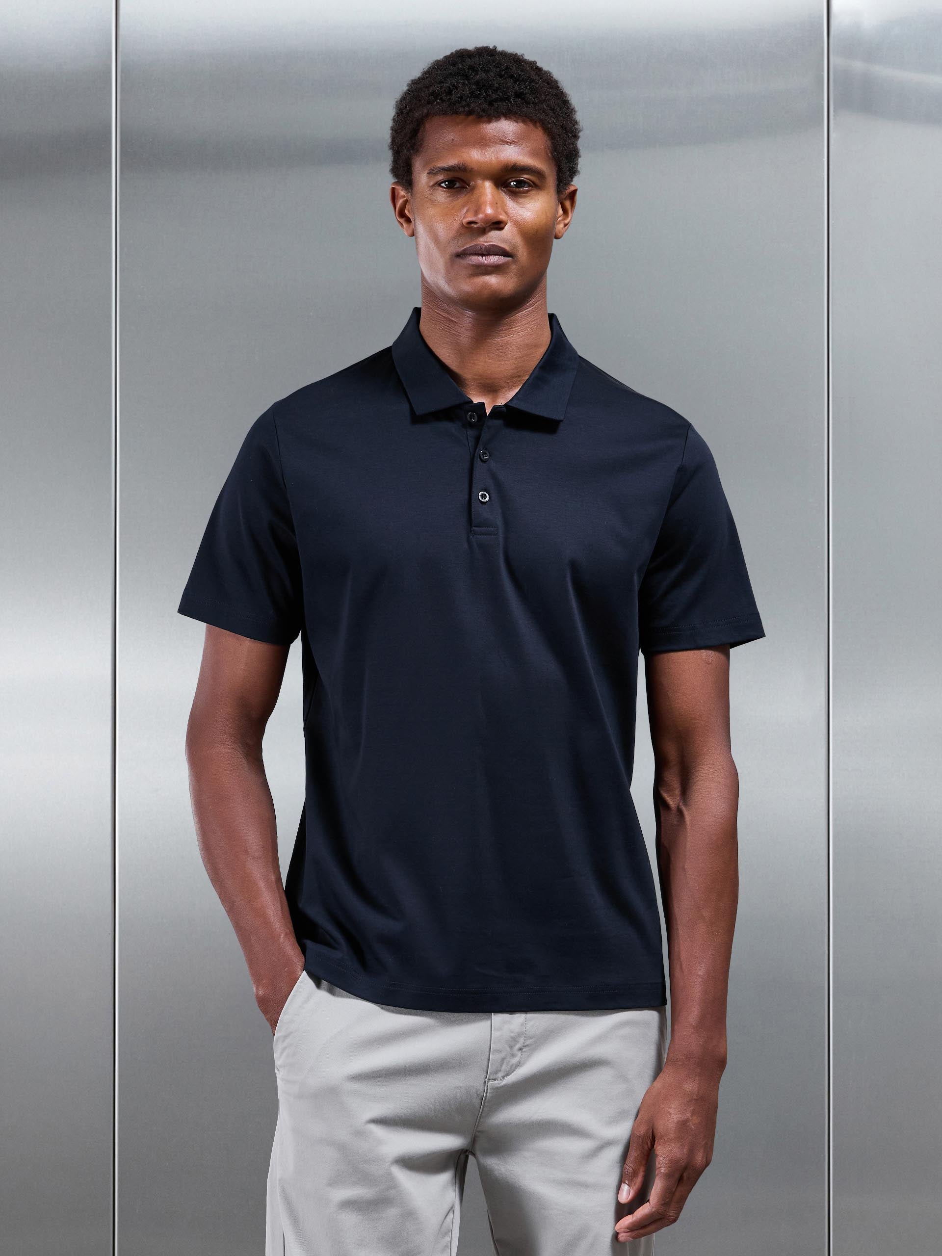 Mercerised Interlock Button Polo Shirt in Navy