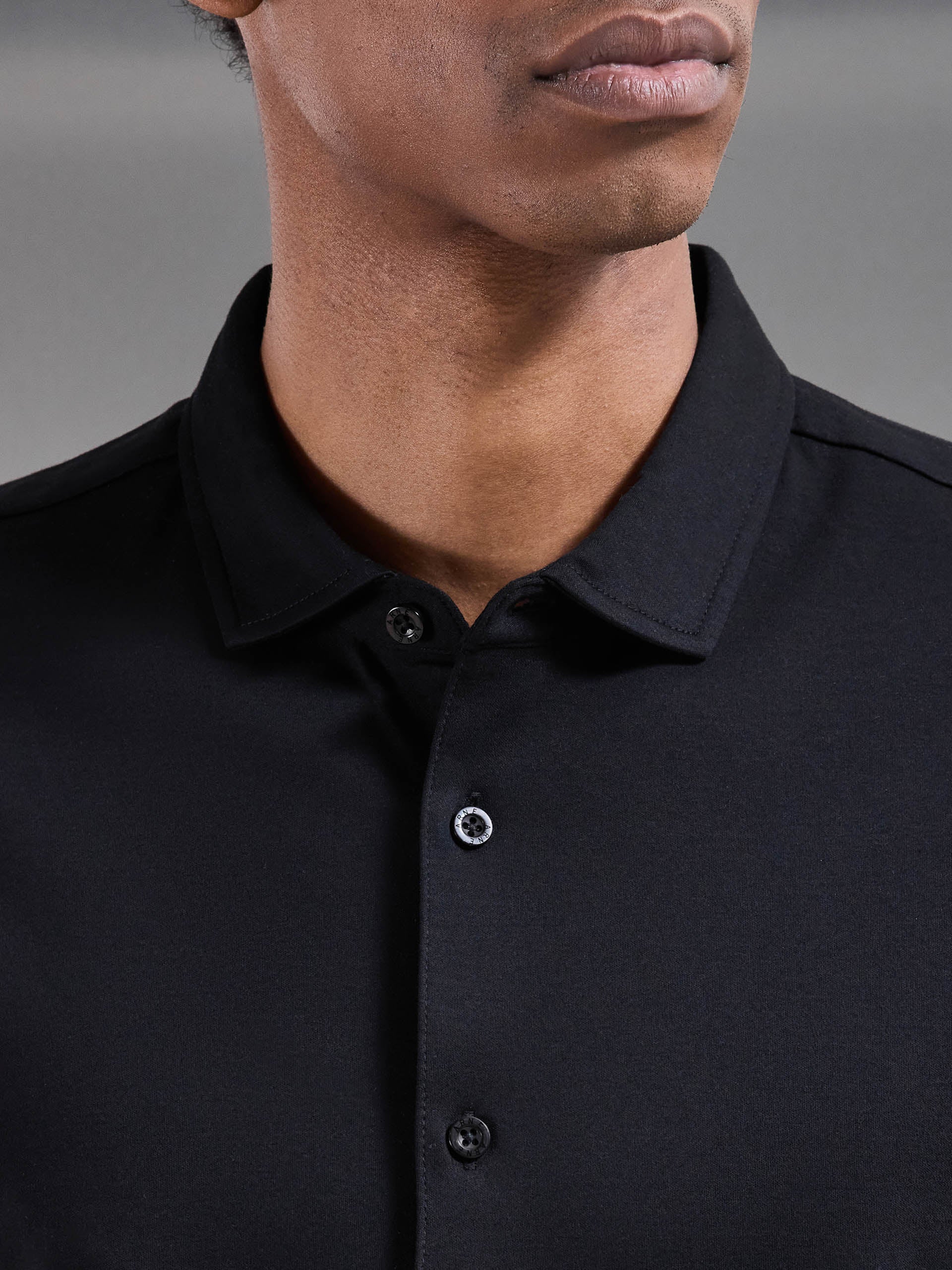 Mercerised Interlock Button Through Shirt in Black