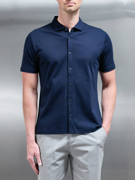 Mercerised Interlock Button Through Shirt in Navy