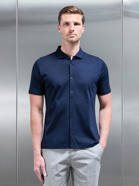 Mercerised Interlock Button Through Shirt in Navy