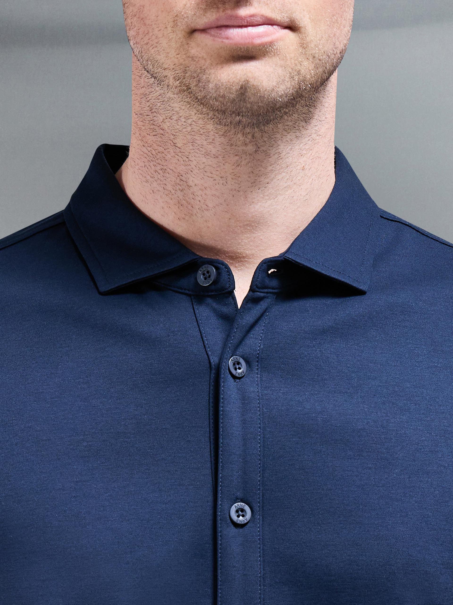 Mercerised Interlock Button Through Shirt in Navy