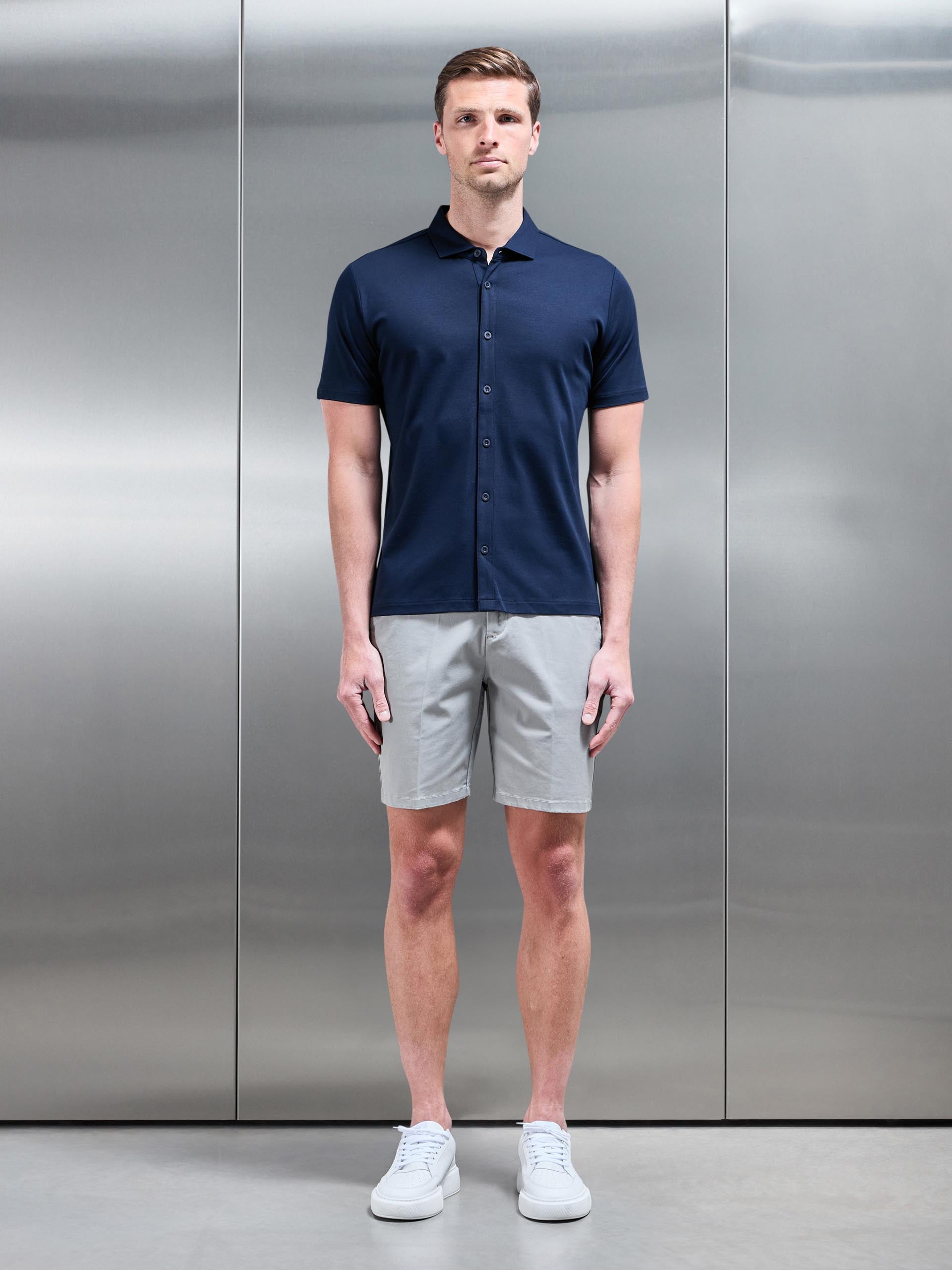 Mercerised Interlock Button Through Shirt in Navy