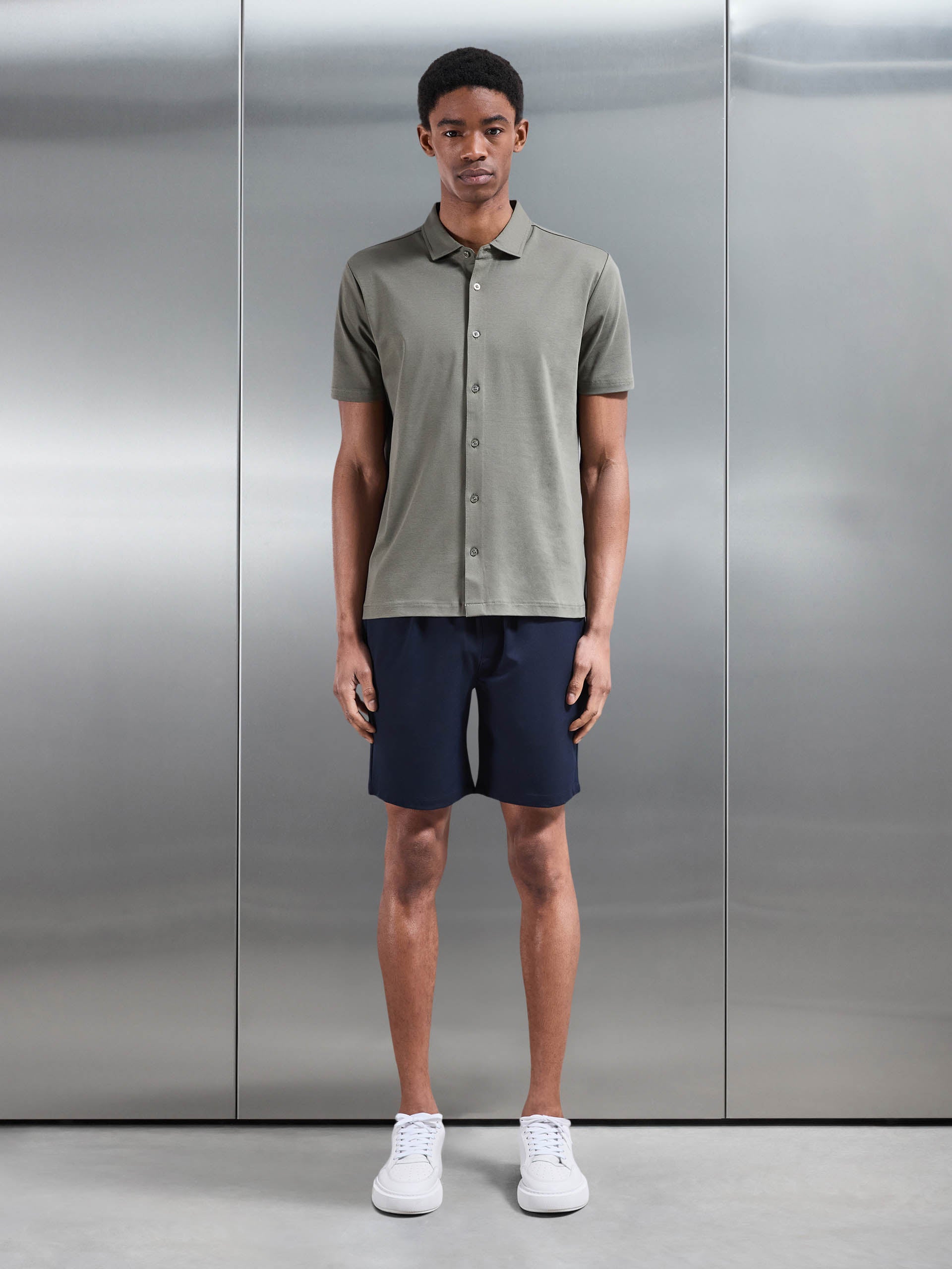 Mercerised Interlock Button Through Shirt in Sage