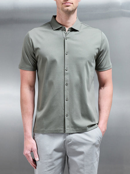 Mercerised Interlock Button Through Shirt in Sage