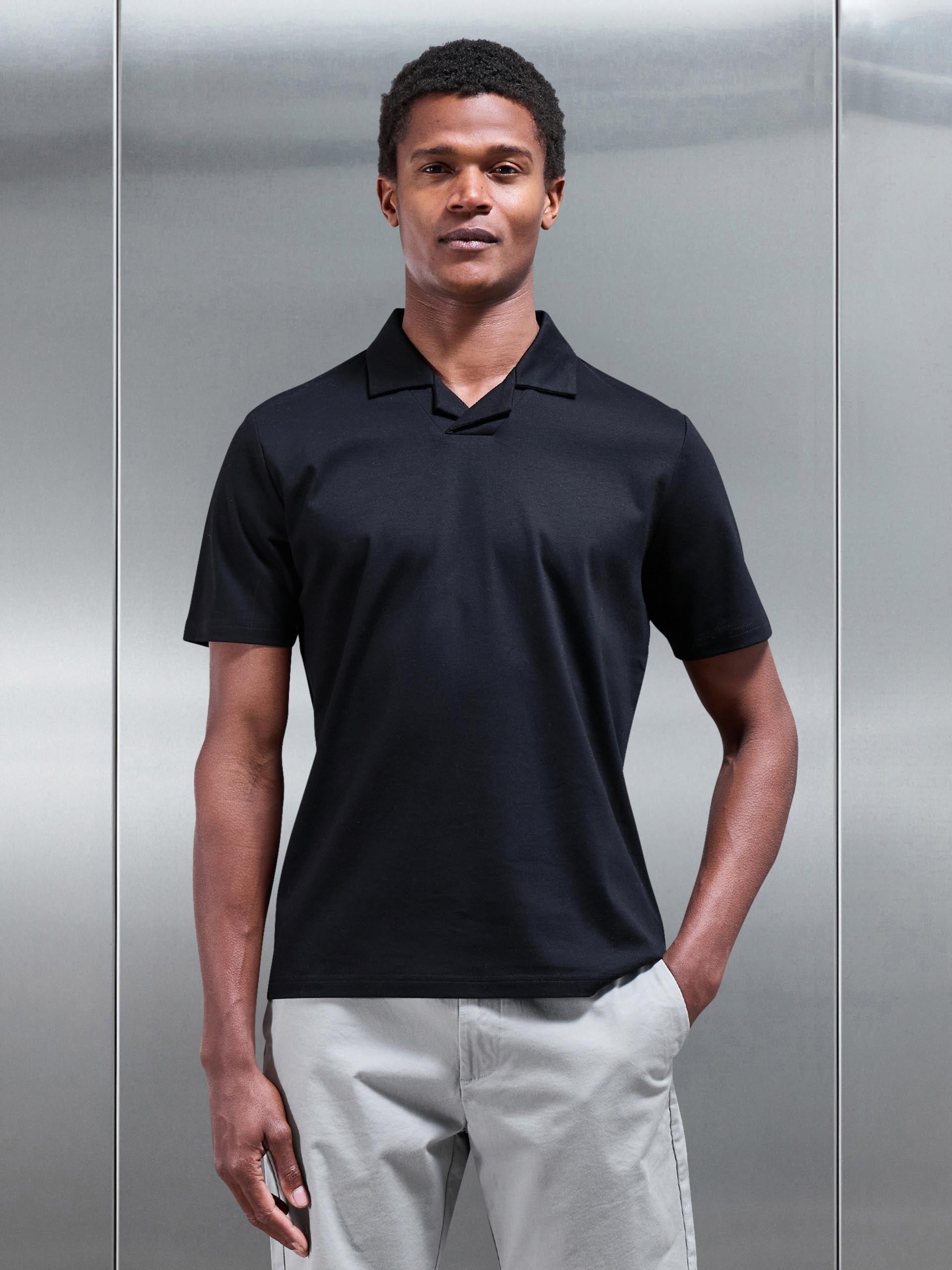 Mercerised Interlock Revere Collar Polo Shirt in Black