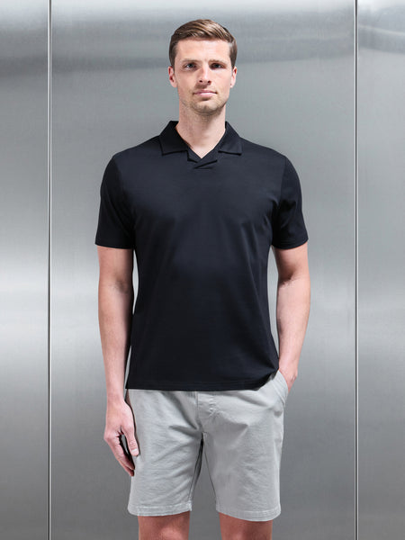 Mercerised Interlock Revere Collar Polo Shirt in Black