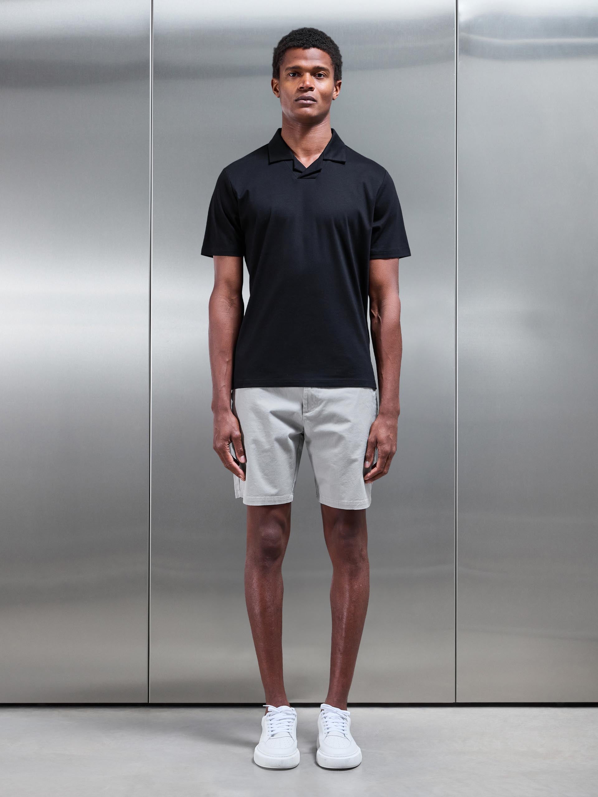 Mercerised Interlock Revere Collar Polo Shirt in Black