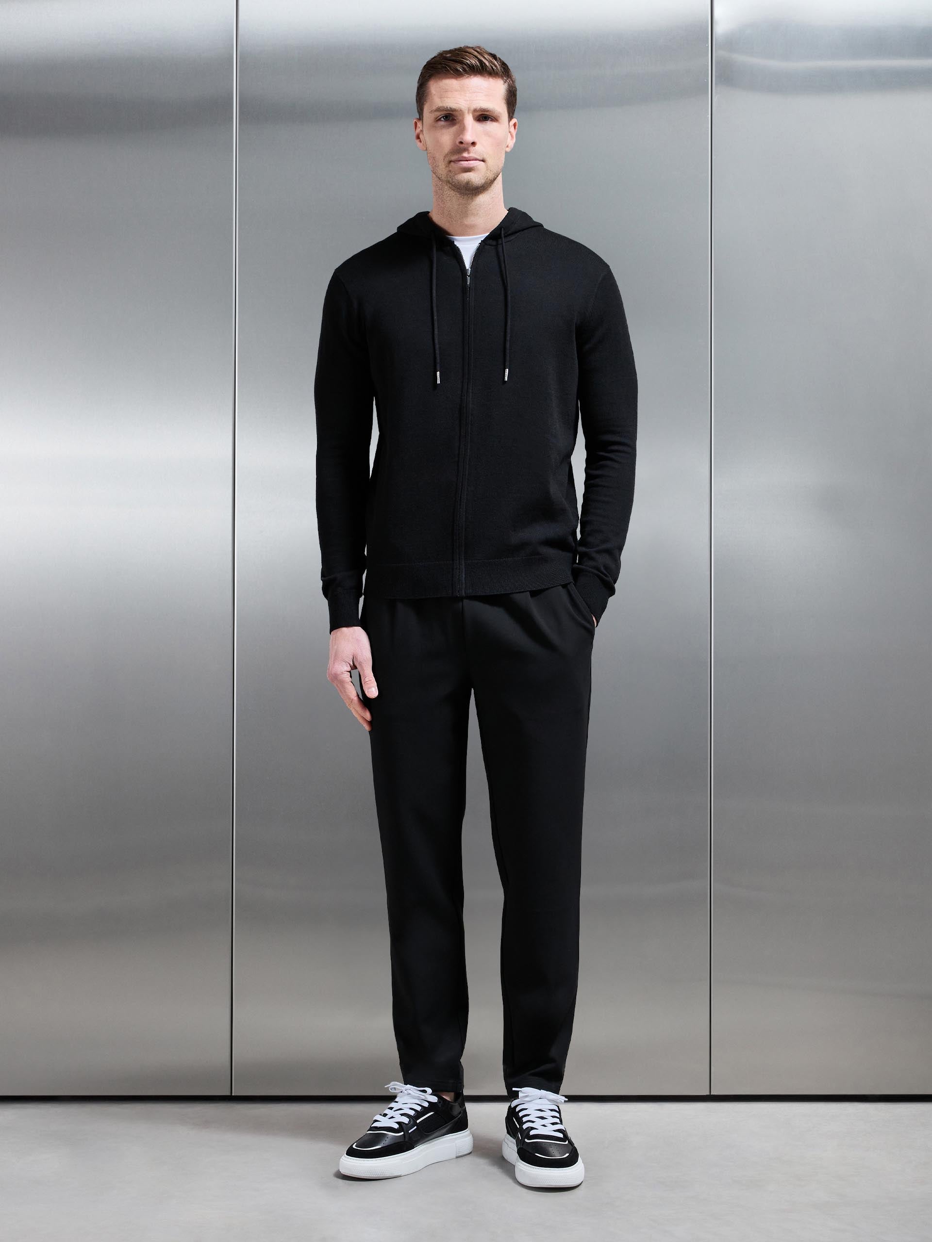 Mercerised Knitted Zip Hoodie in Black
