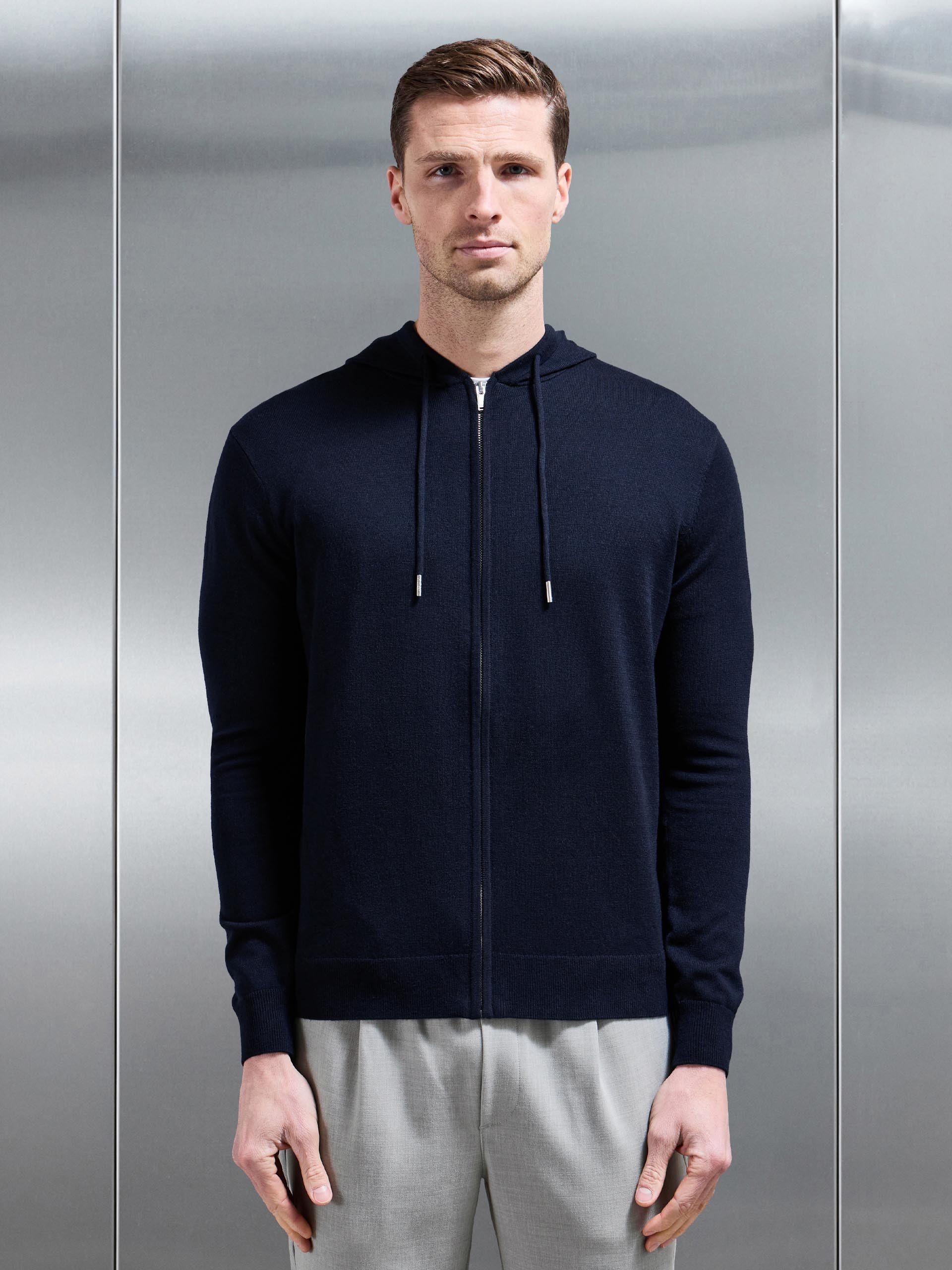 Mercerised Knitted Zip Hoodie in Navy