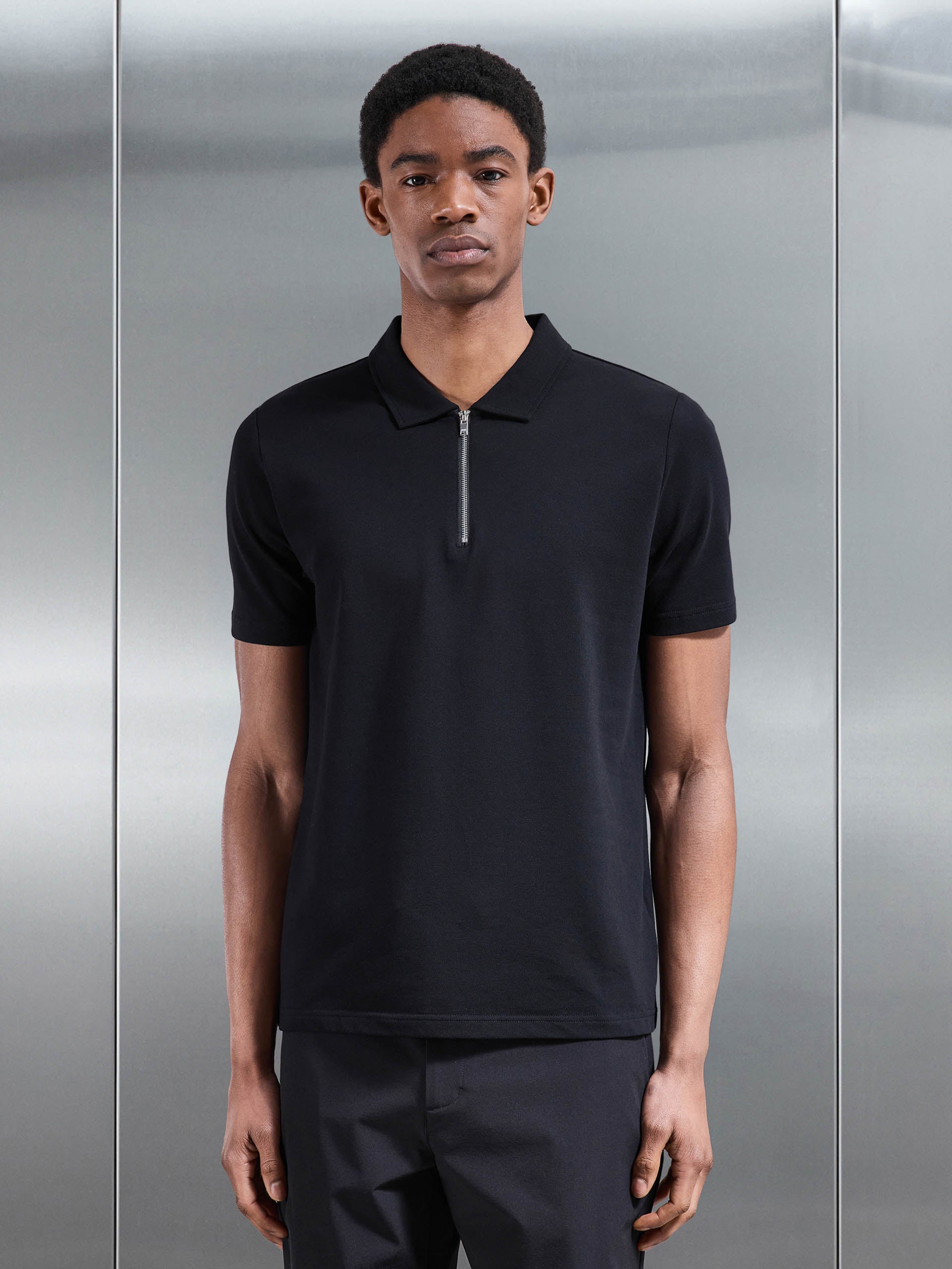 Mercerised Pique Zip Polo Shirt in Black