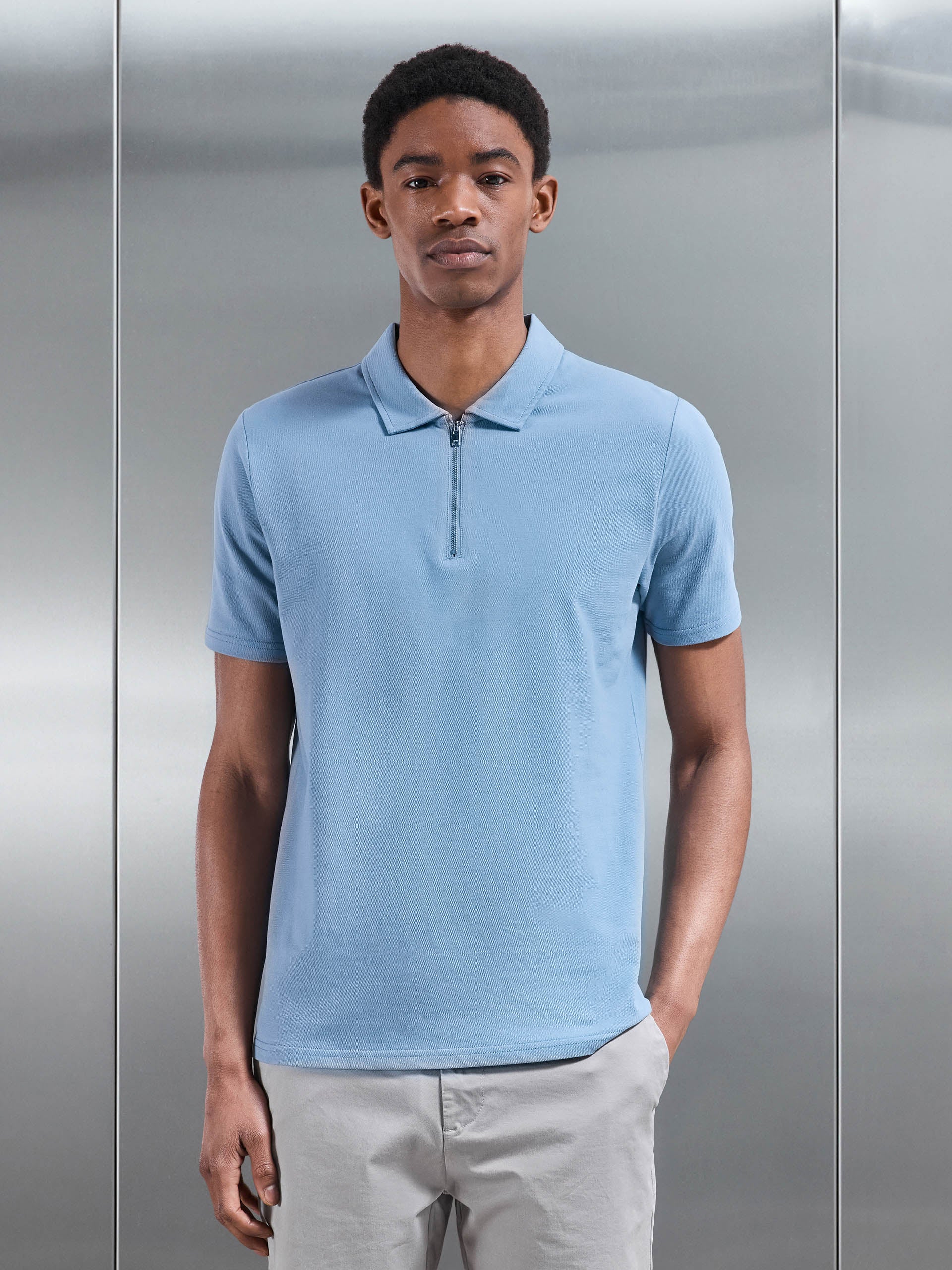 Mercerised Pique Zip Polo Shirt in Light Blue
