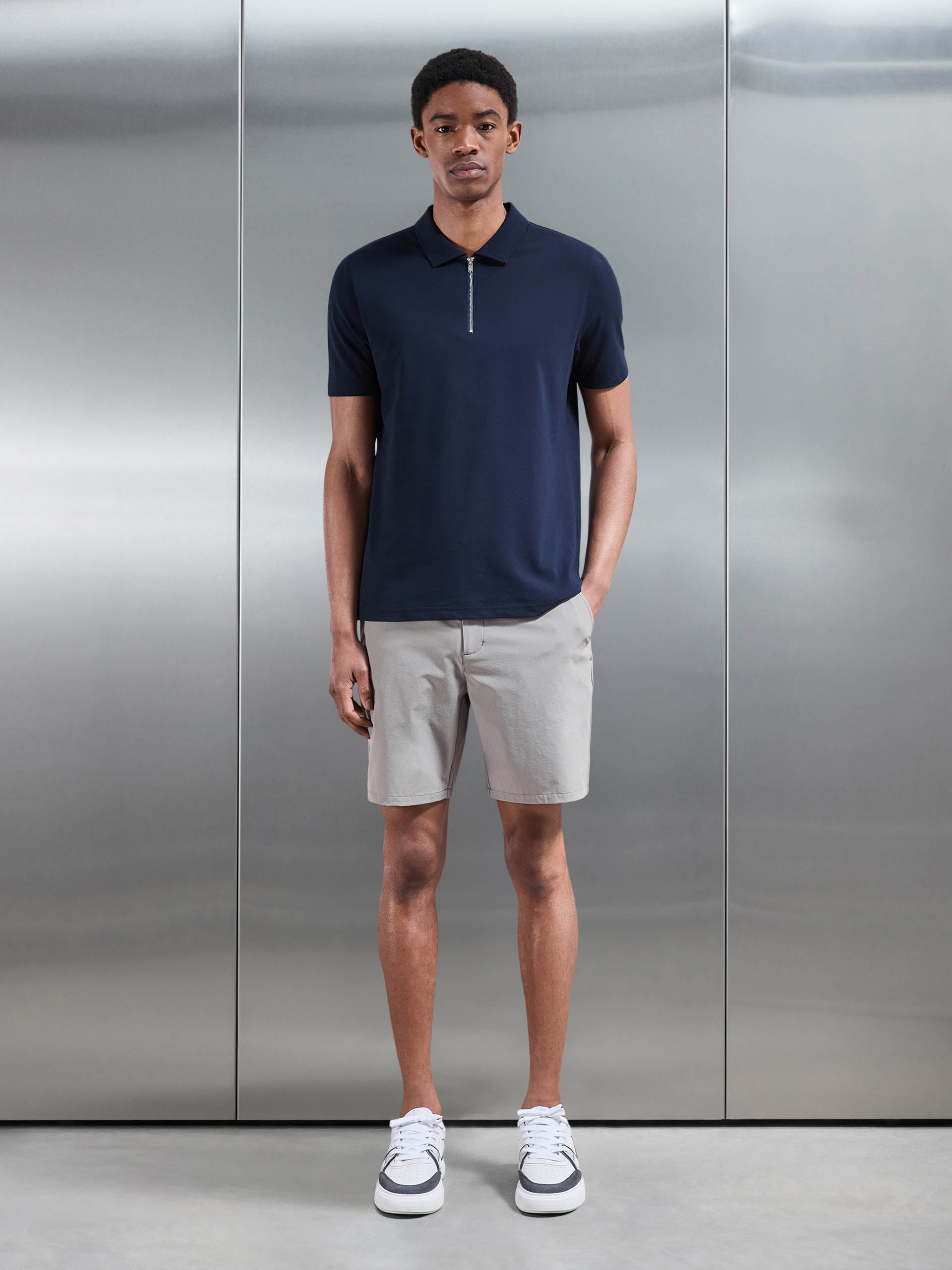 Mercerised Pique Zip Polo Shirt in Navy