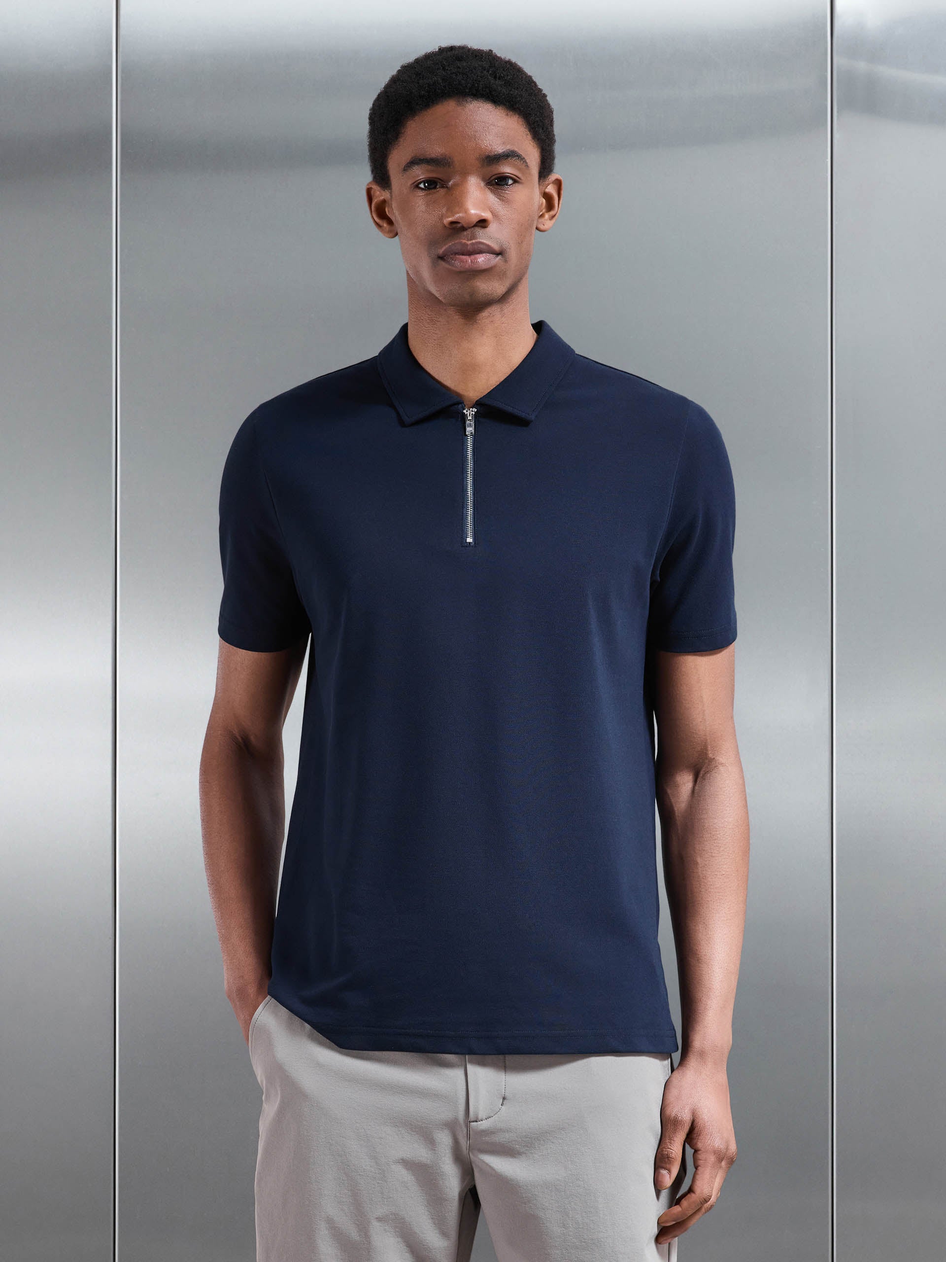 Mercerised Pique Zip Polo Shirt in Navy