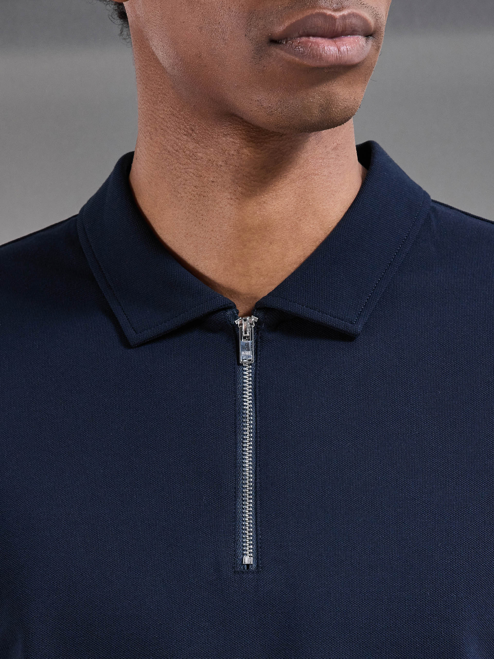 Mercerised Pique Zip Polo Shirt in Navy