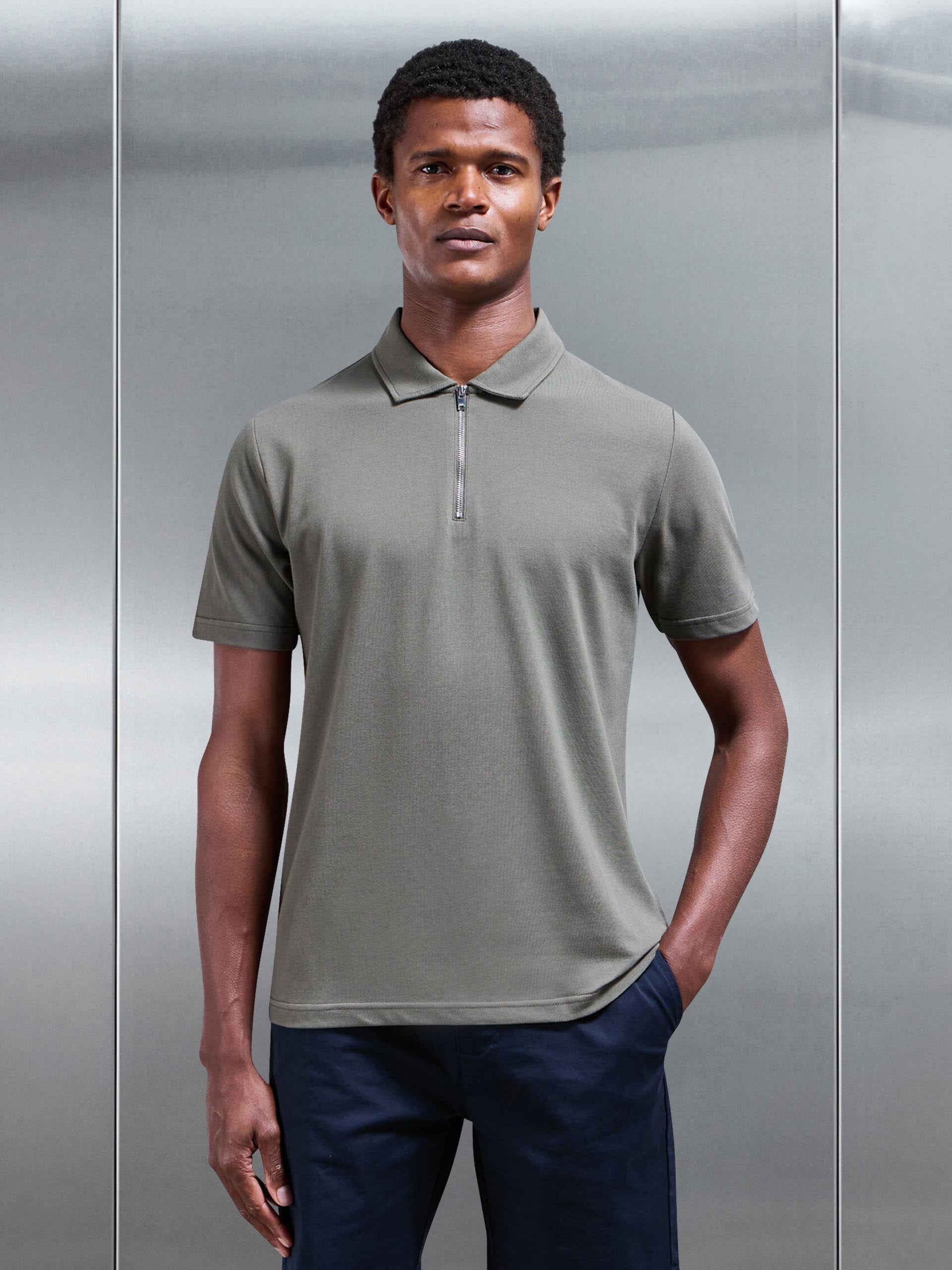 Mercerised Pique Zip Polo Shirt in Sage