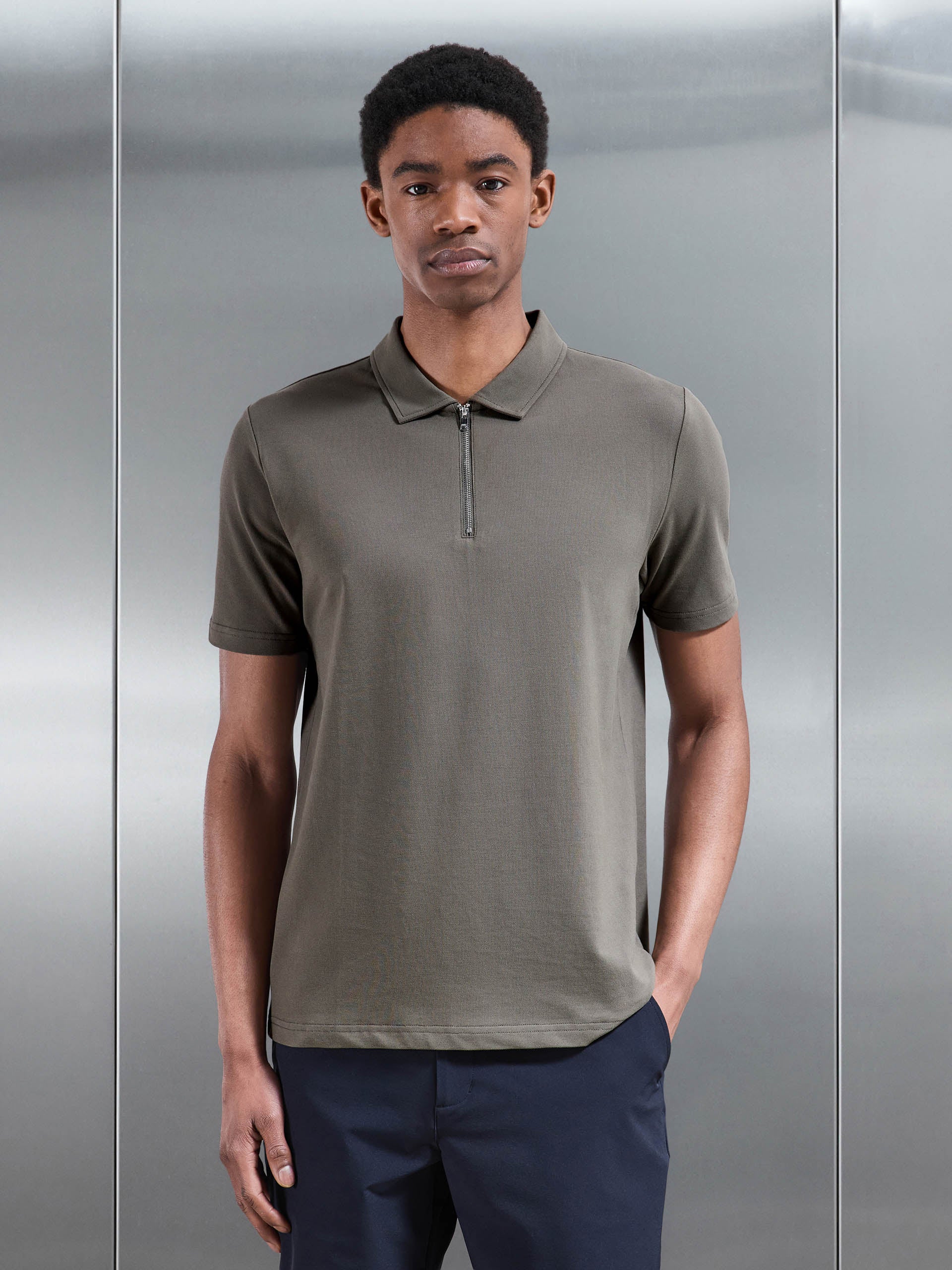 Mercerised Pique Zip Polo Shirt in Sage