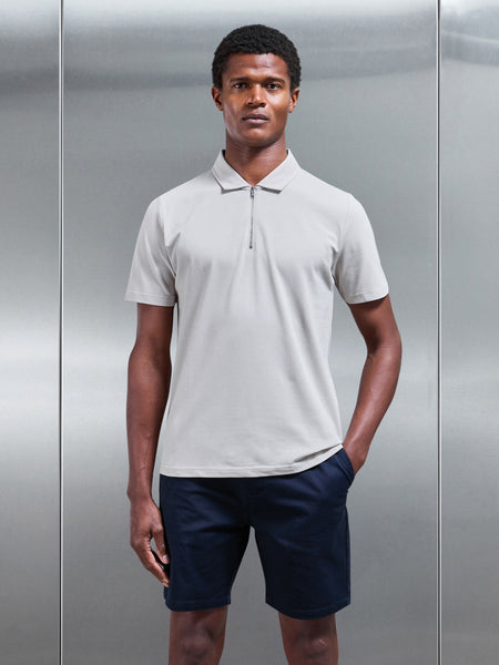 Mercerised Pique Zip Polo Shirt in Stone