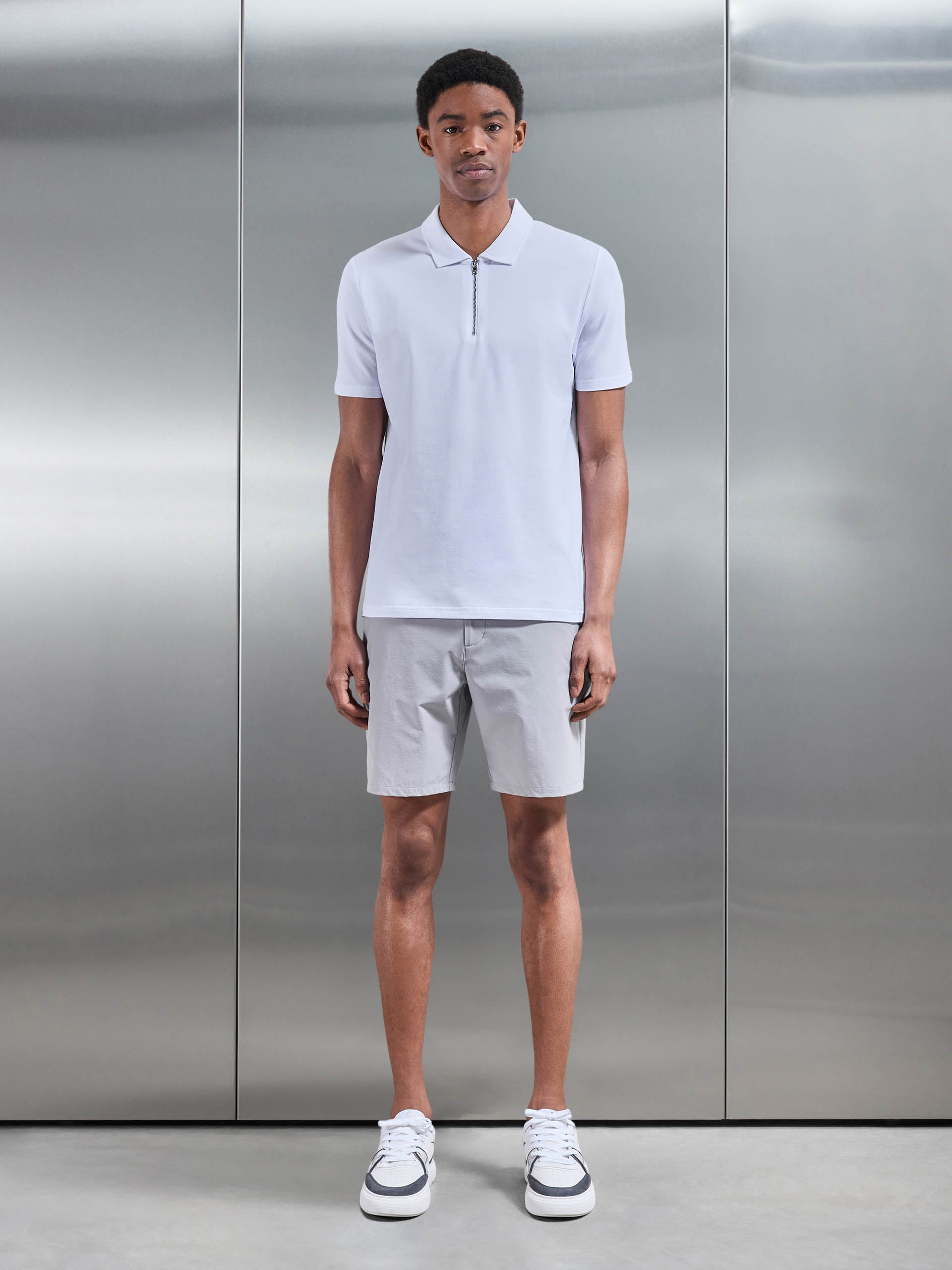 Mercerised Pique Zip Polo Shirt in White