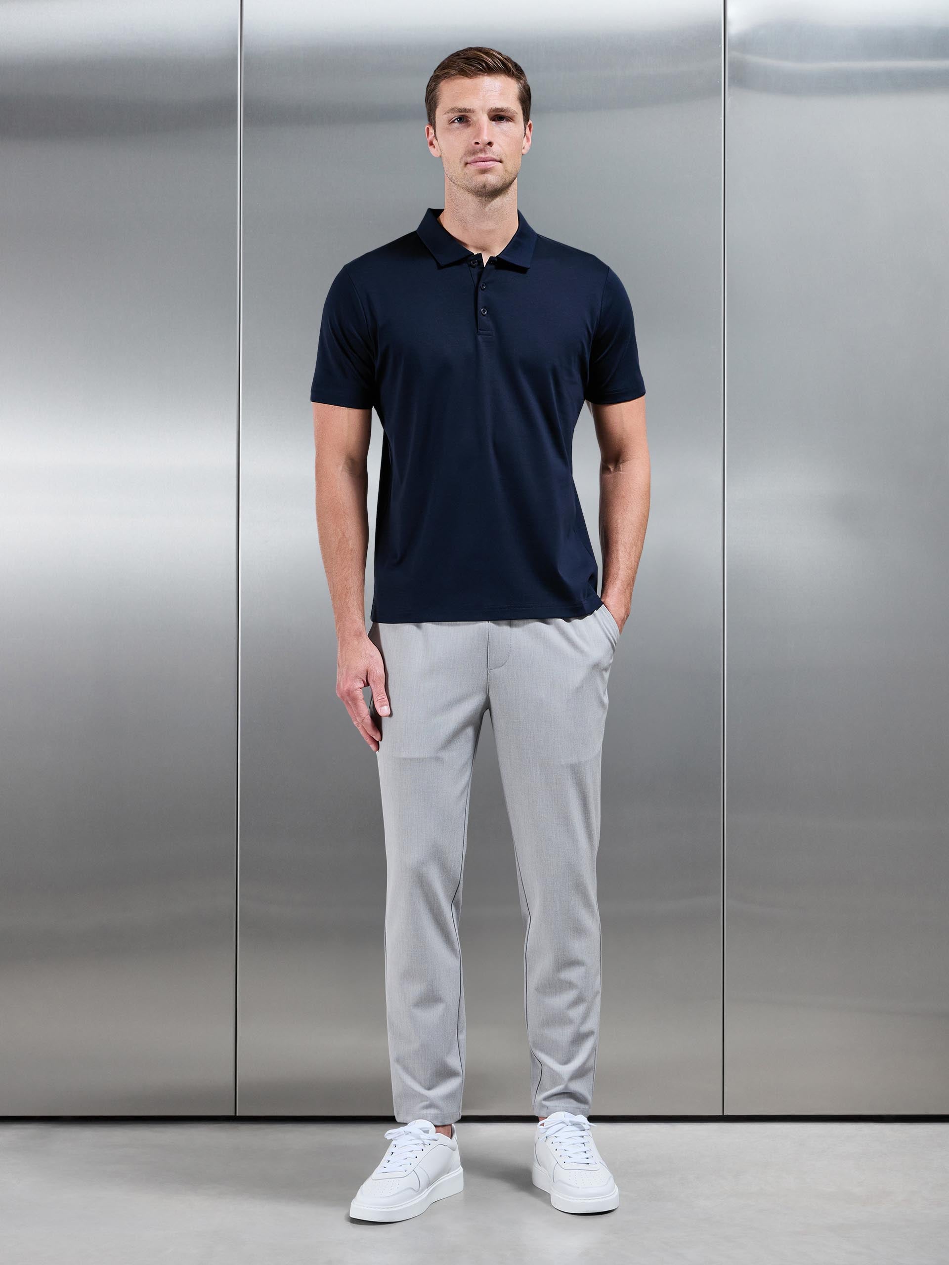 Mercerised Interlock Button Polo Shirt in Navy