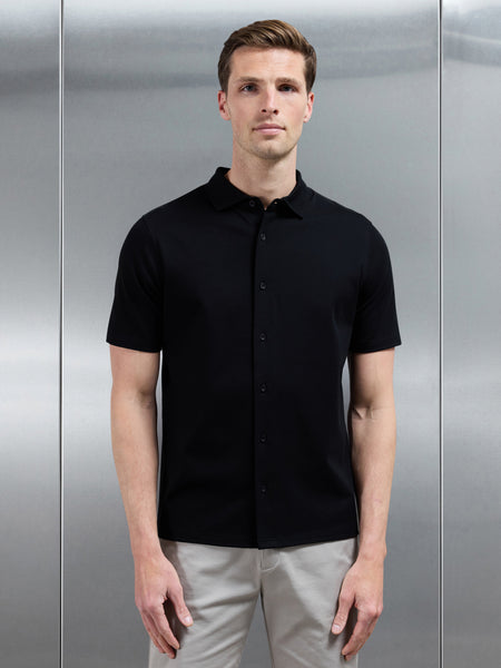 Mercerised Interlock Short Sleeve Button Through Shirt in Black