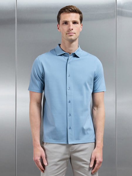 Mercerised Interlock Short Sleeve Button Through Shirt in Light Blue