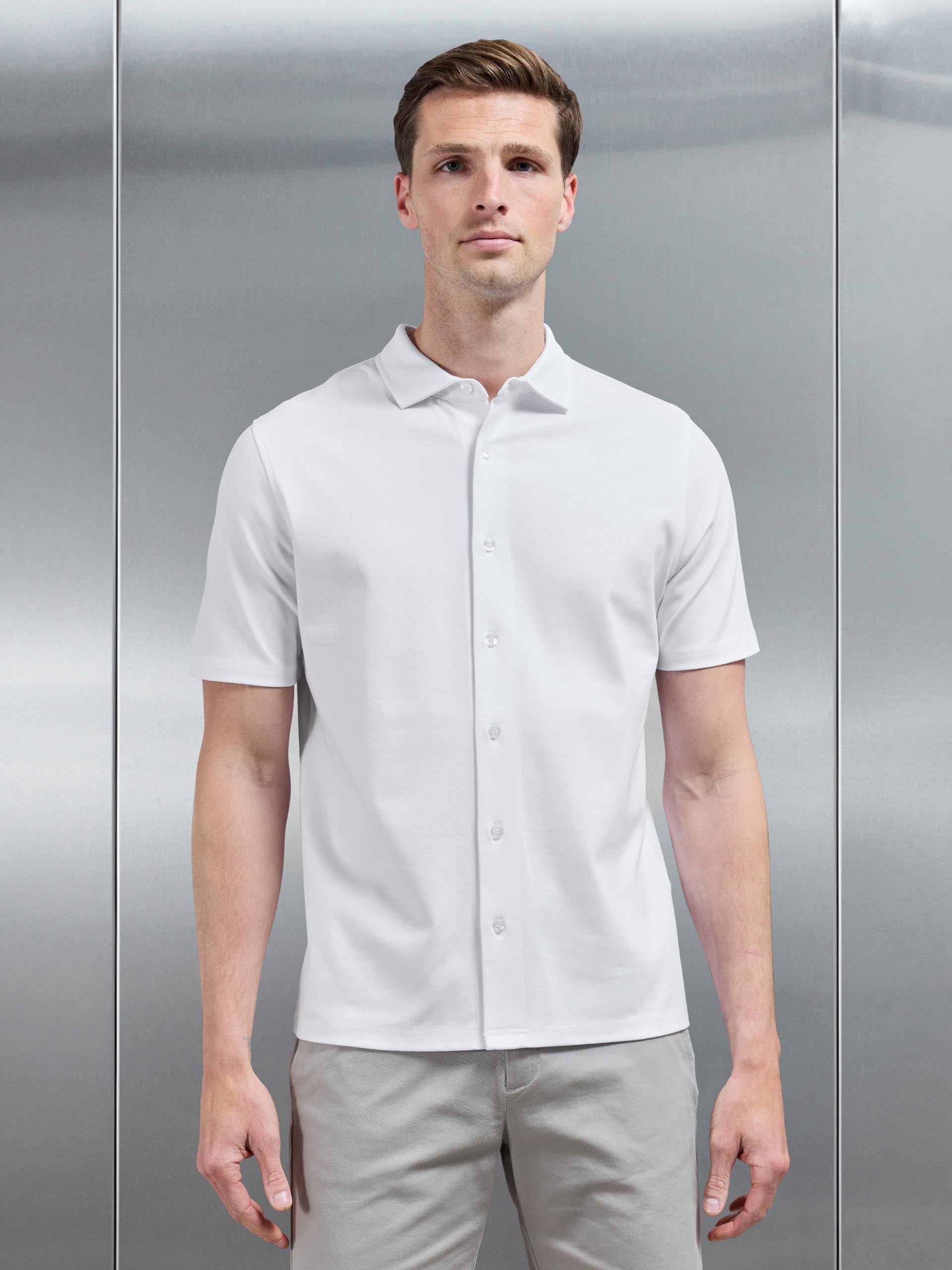 Mercerised Interlock Button Through Shirt in White