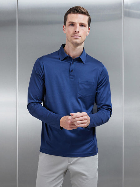 Mercerised Cotton Long Sleeve Polo Shirt in Navy