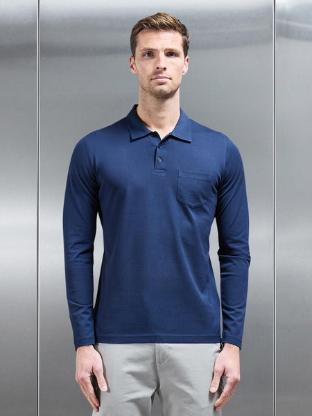 Mercerised Pique Long Sleeve Button Polo Shirt in Navy